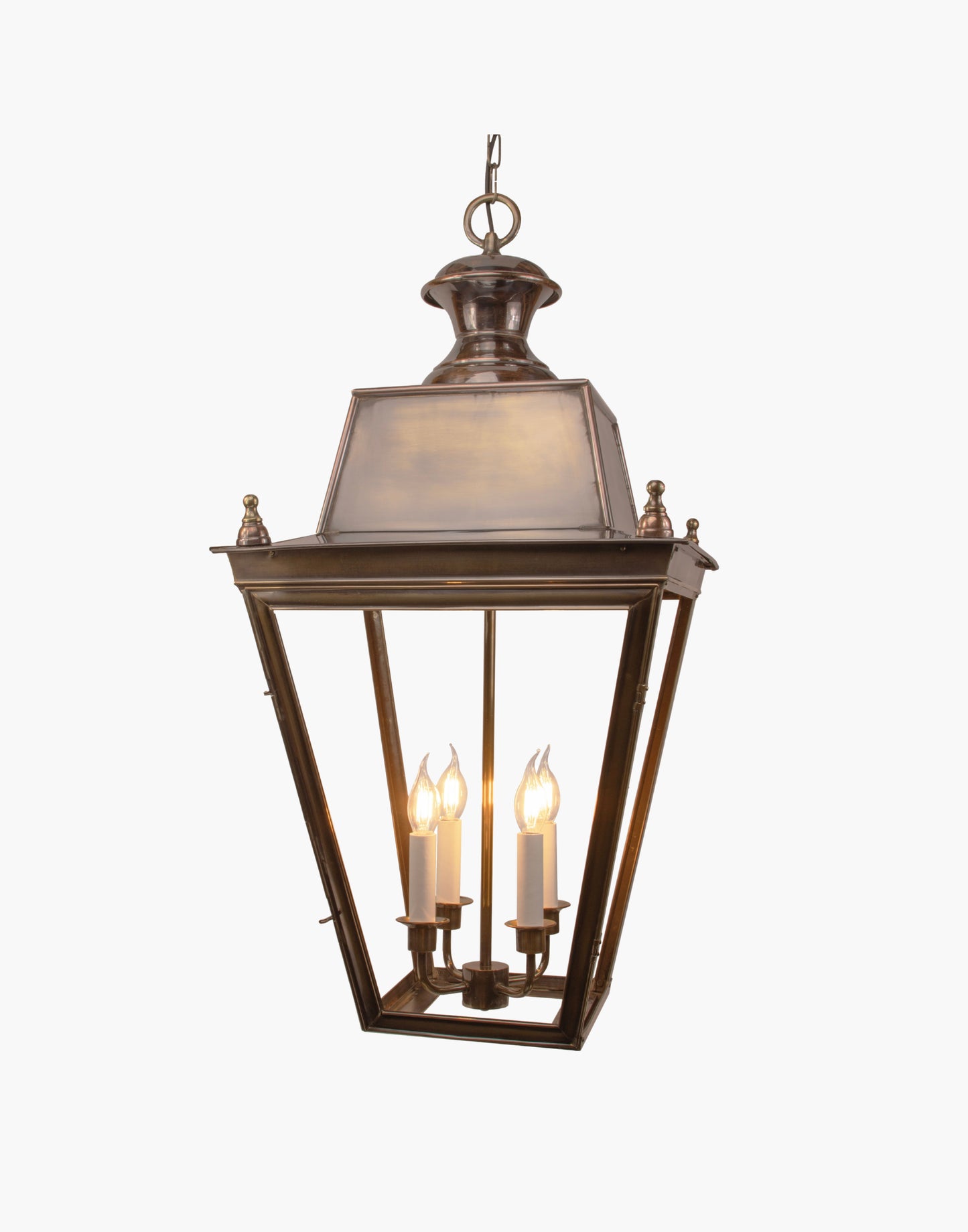 Extra Large hanging lantern with four-light cluster, handcrafted from brass and copper in a Victorian-style design.