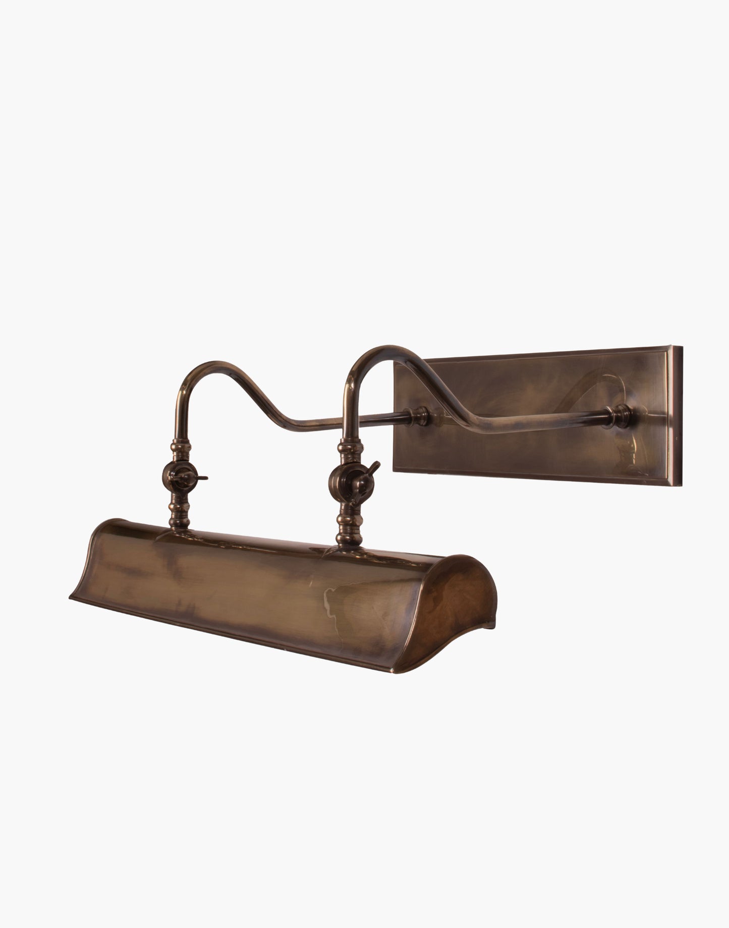 24″ trough picture light in solid brass with cast brass backplate and adjustable banjo joints, traditional handmade picture light