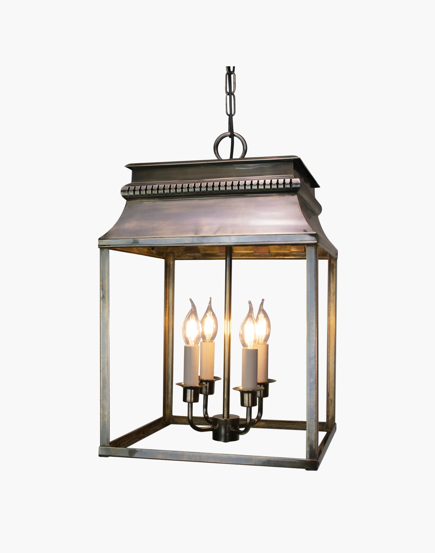 Hanging lantern in solid brass with French 19th-century–inspired fretwork, suspended ceiling lantern for interior or exterior use.