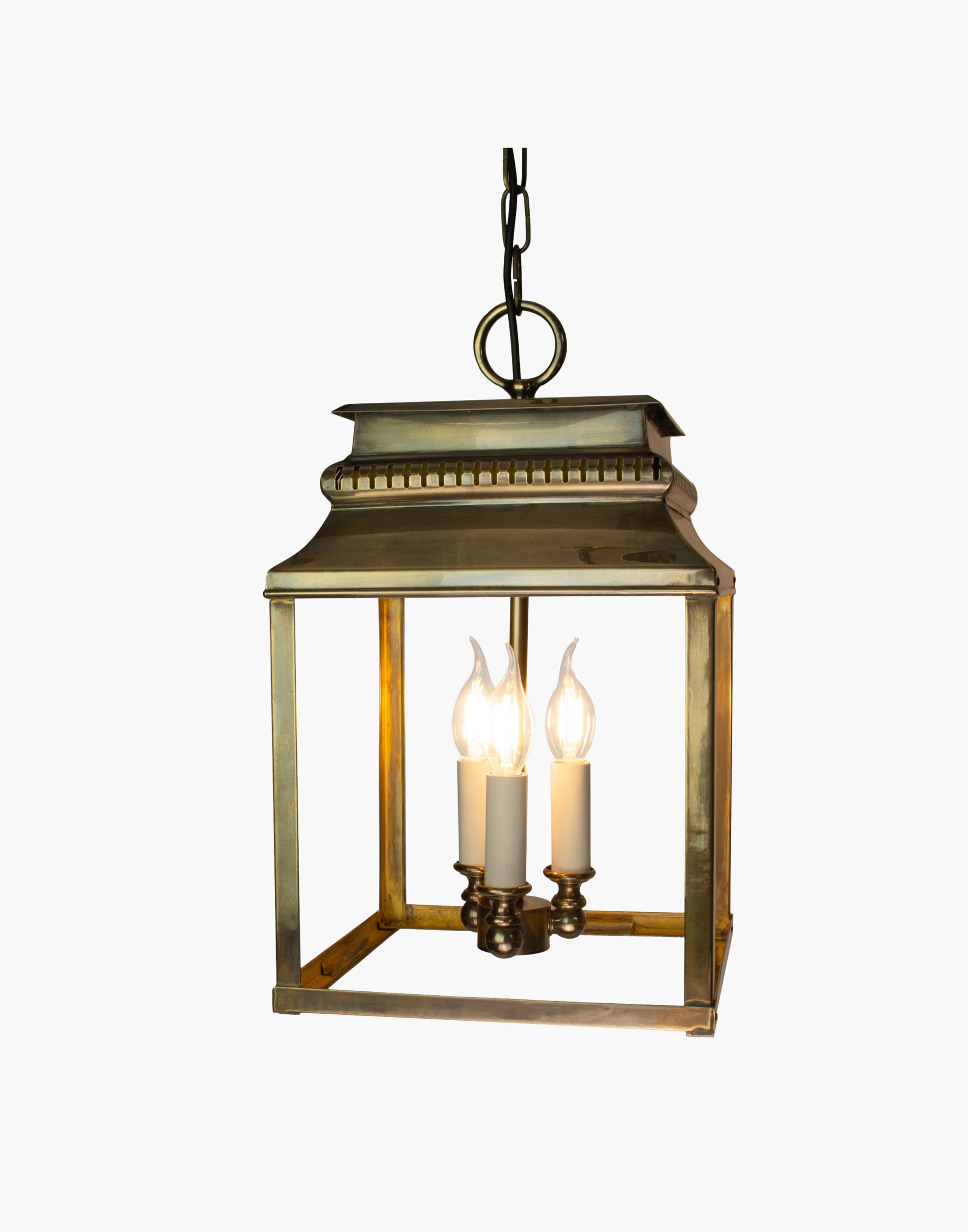 Hanging lantern in solid brass with French 19th-century–inspired fretwork, ceiling lantern for hallways or stairwells, suitable for interior or exterior use.