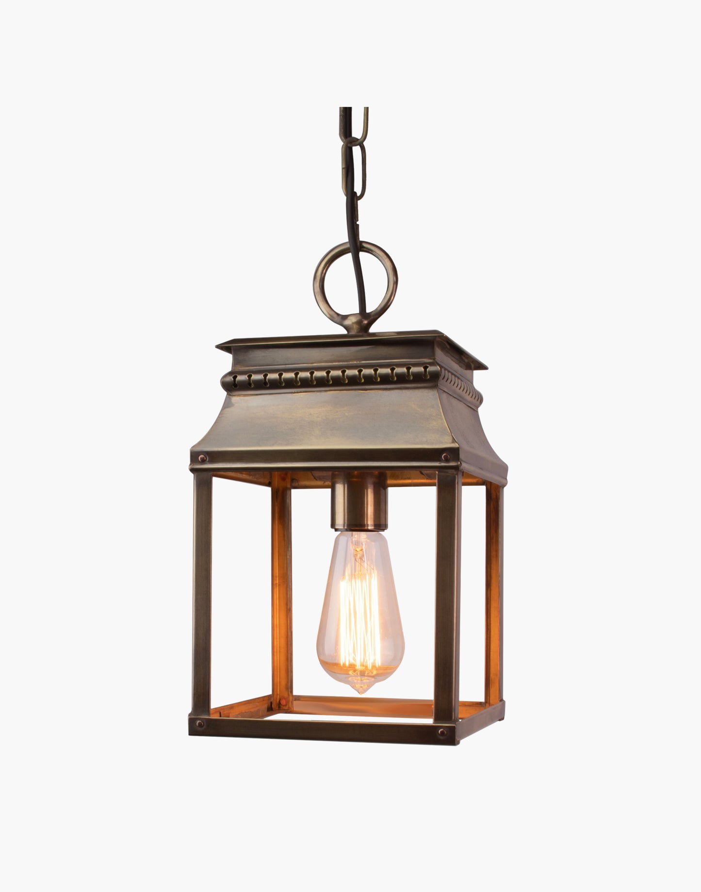 Bordeaux hanging lantern in solid brass with French 19th-century–inspired fretwork, ceiling lantern for hallways, stairwells, or over-counter lighting, suitable for interior or exterior use.