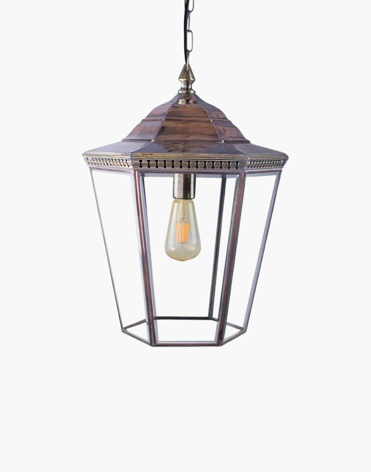 Pendant lantern in solid copper with brass detailing and beveled glass, traditional hall or porch hanging light.