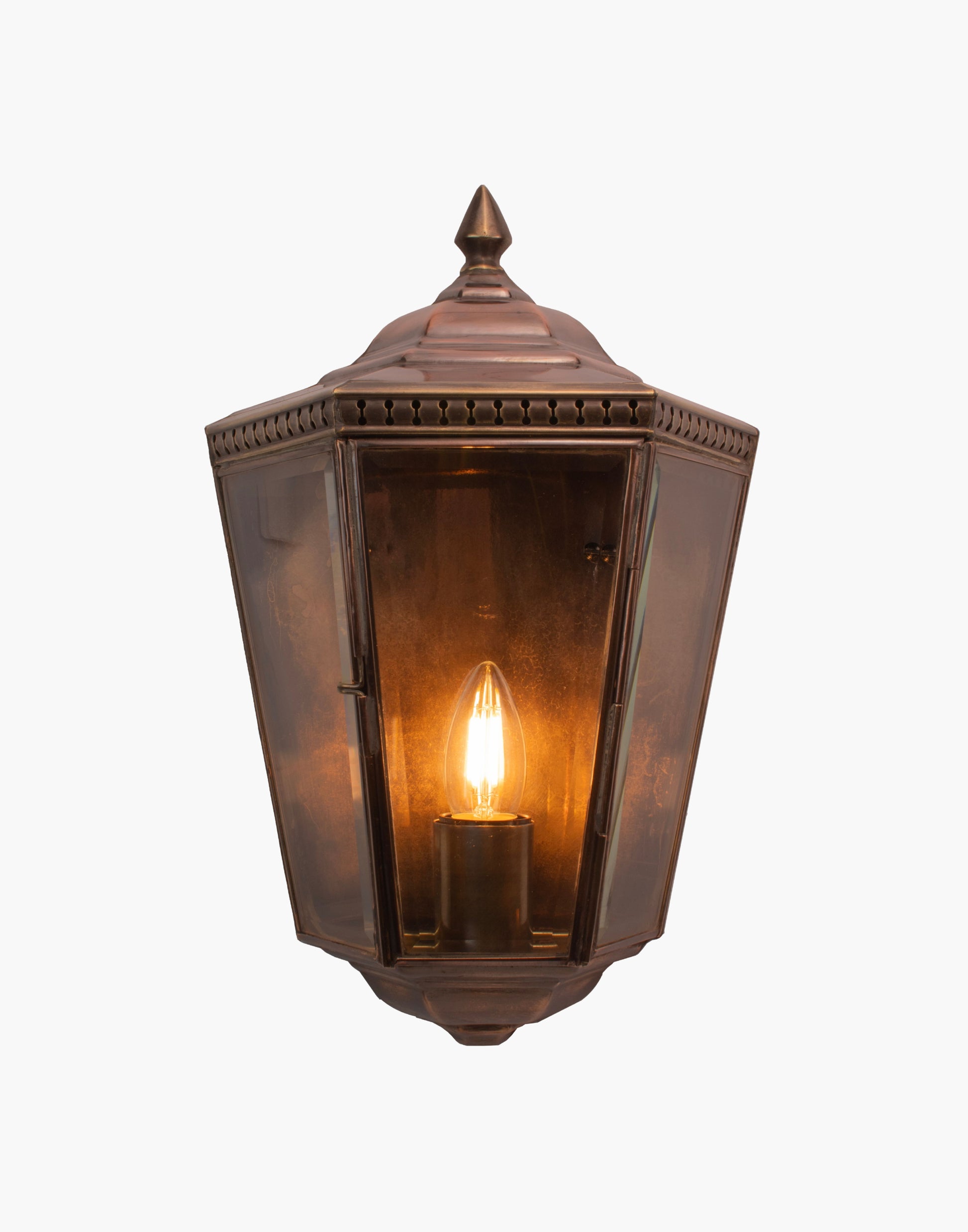 Passage Lamp in solid copper with pierced brass fretwork and beveled glass, Georgian-style flush wall lantern rated for wet locations.