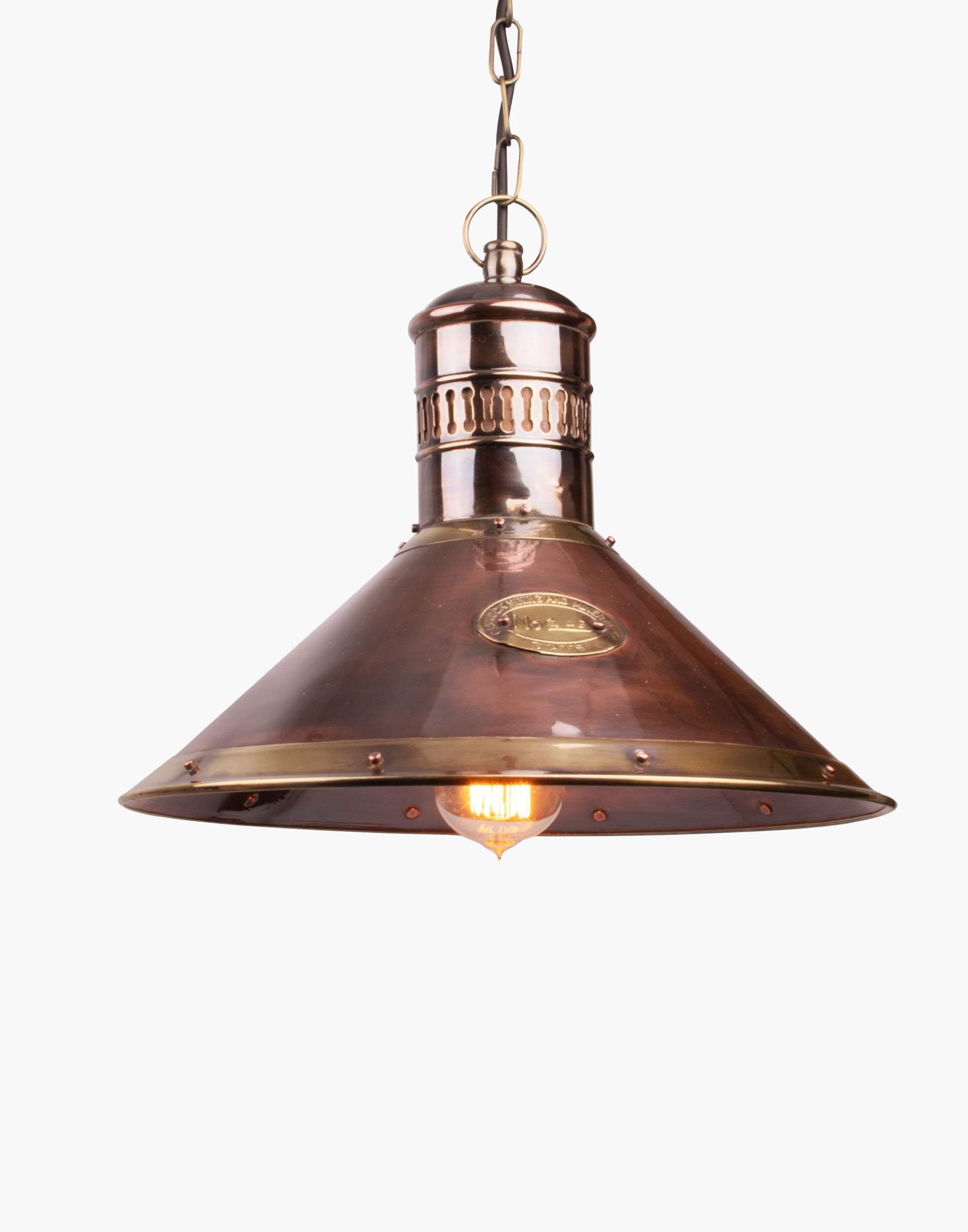 Deck lamp in solid copper with brass detailing and nameplate, suspended pendant light with chain, inspired by Cannock Mining Company design.