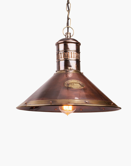 Deck lamp in solid copper with brass detailing and nameplate, suspended pendant light with chain, inspired by Cannock Mining Company design.