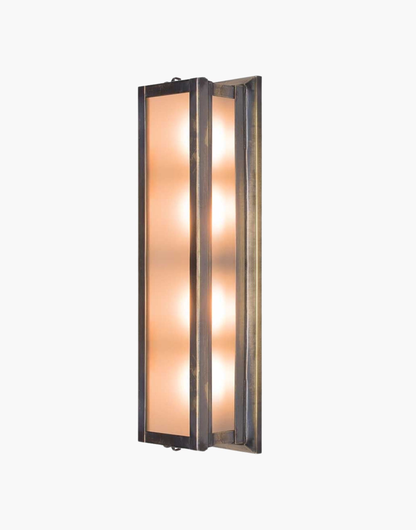 Light in solid brass with frosted glass, damp-rated wall or ceiling light for period or contemporary interiors.