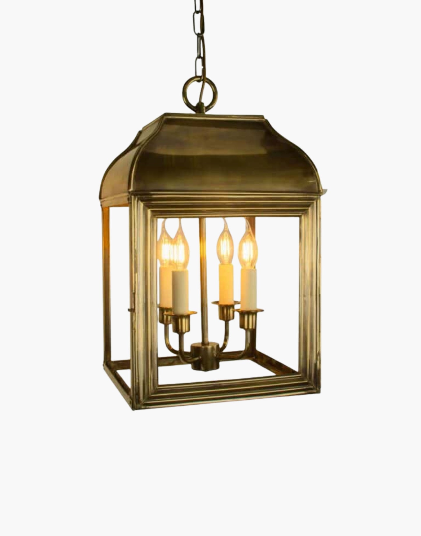 Hanging lantern in solid brass, mid-Victorian American colonial style pendant inspired by New York brownstone homes.