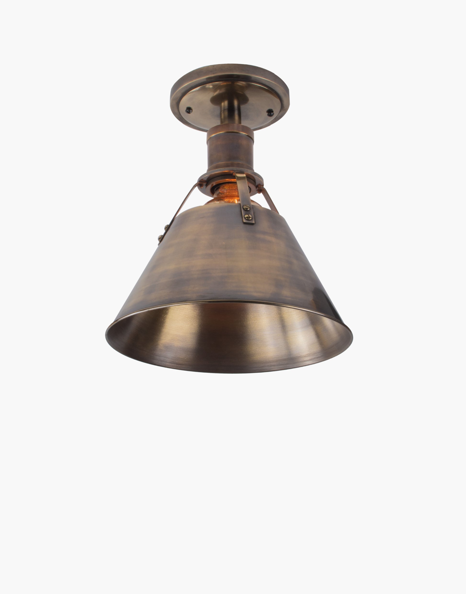 Brass pendant light with metal shade, nautical industrial transitional fixture for kitchen island, countertop, or dining table lighting.