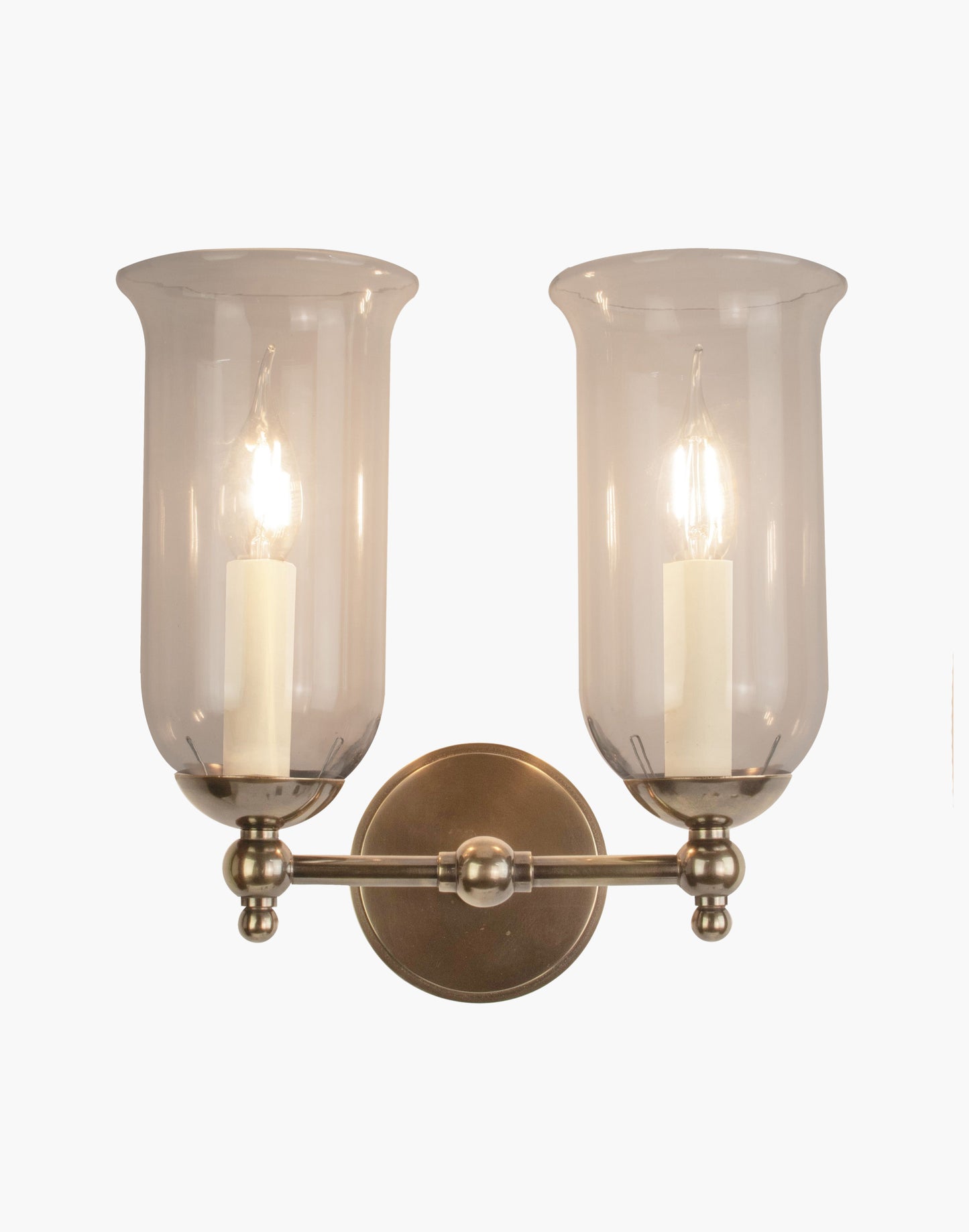 Storm Glass wall sconce twin in brass with rustic storm glass shades for bathroom or interior lighting