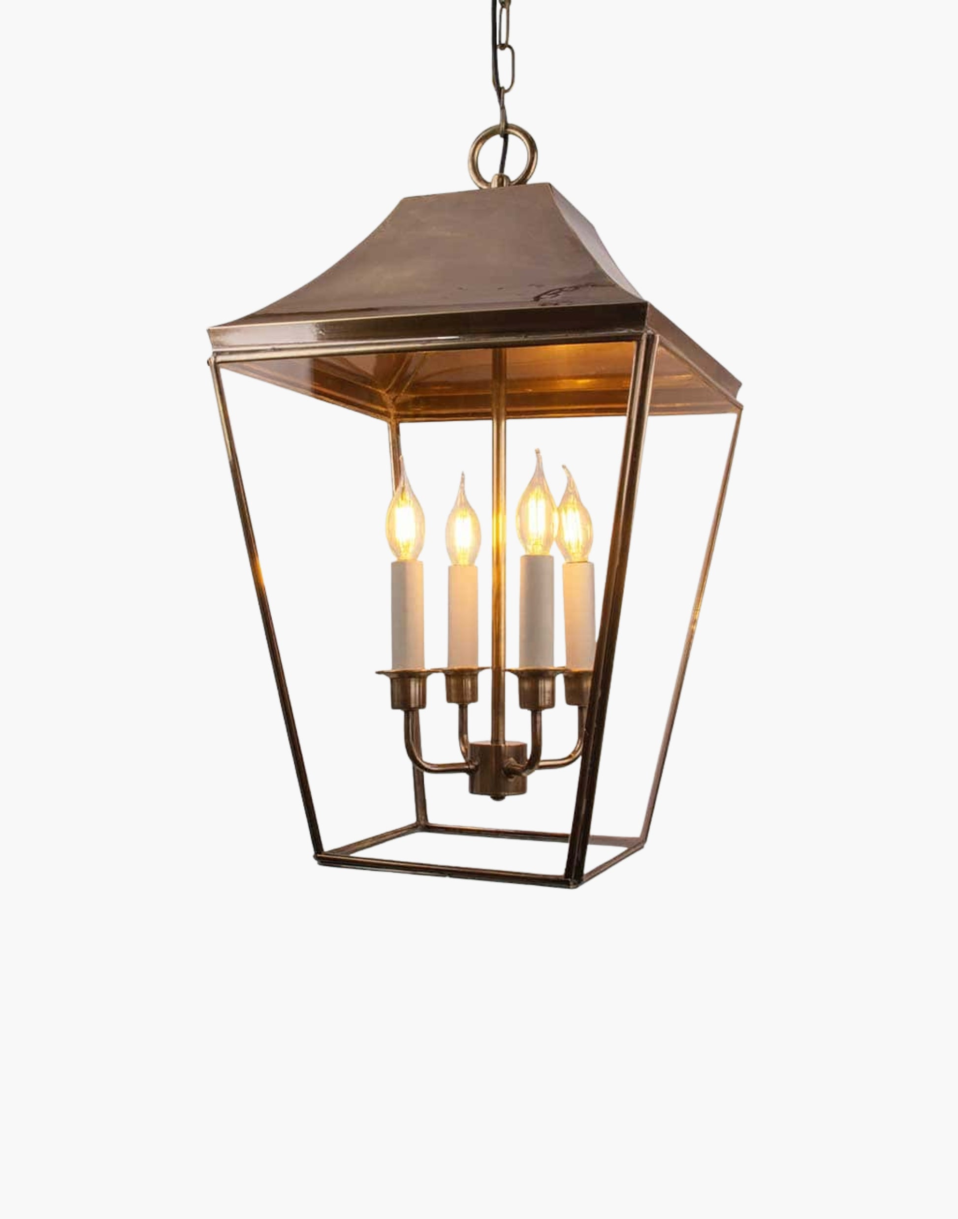 Pendant lantern in solid brass, traditional porch and hall hanging light with chain.
