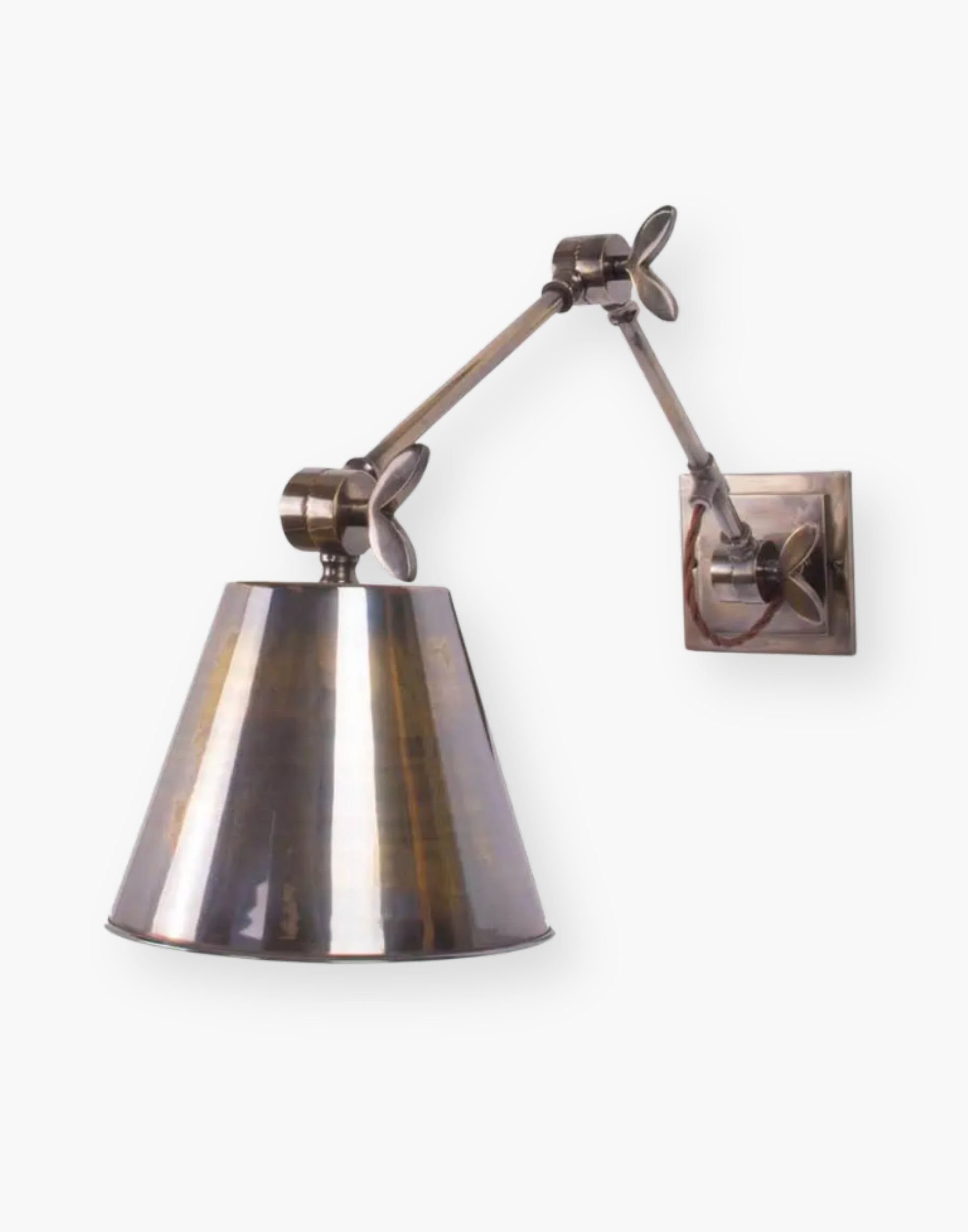 Double Adjustable Wall Light in heavy brass with cast banjo joints, versatile task lighting for reading areas and workspaces