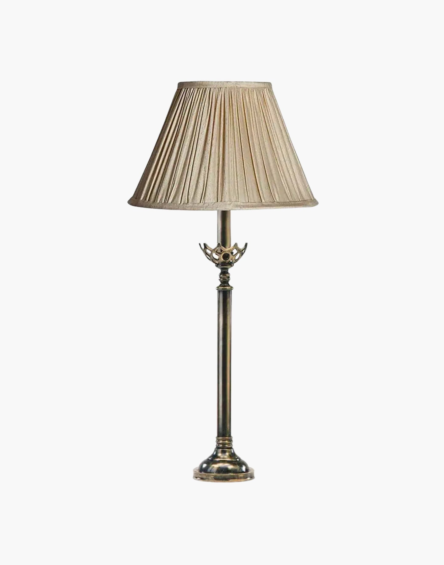 Large Gothic Table Lamp in cast brass, inspired by historic church designs in Cork, Ireland. Available with soft shade options and matching chandeliers and wall lights.