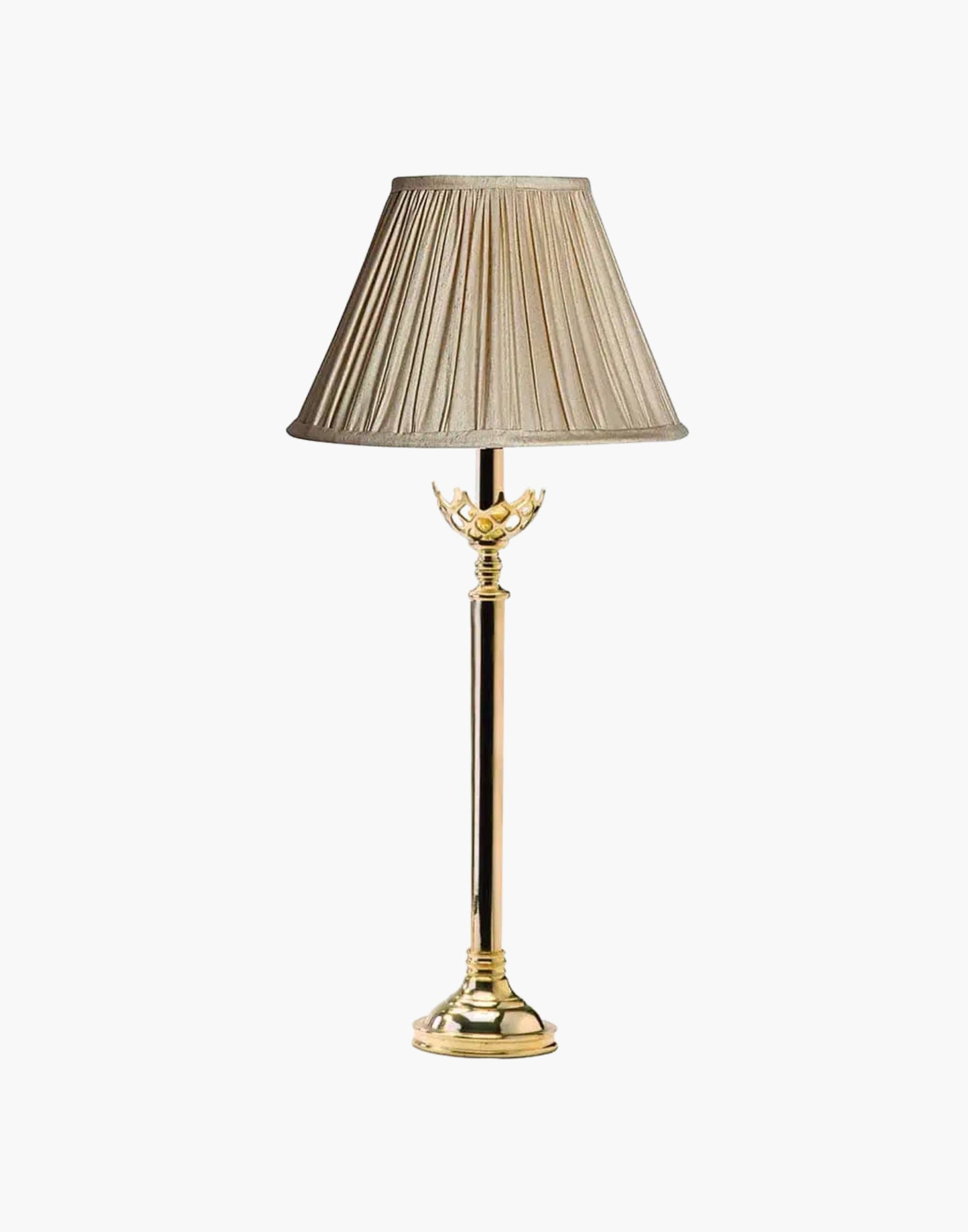 Table lamp in cast brass inspired by original church design from Cork, Ireland, available with soft shade.
