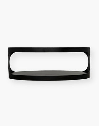 Modern matte black oval steel coffee table.