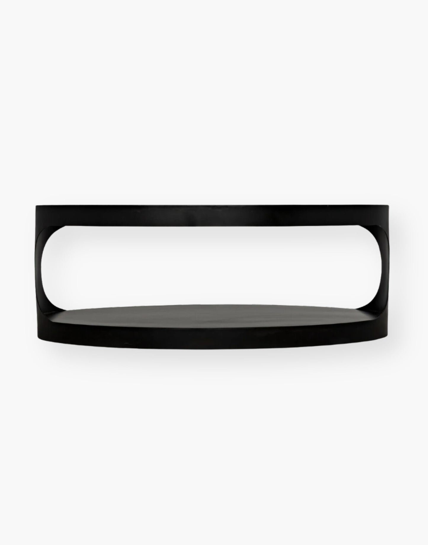 Modern matte black oval steel coffee table.