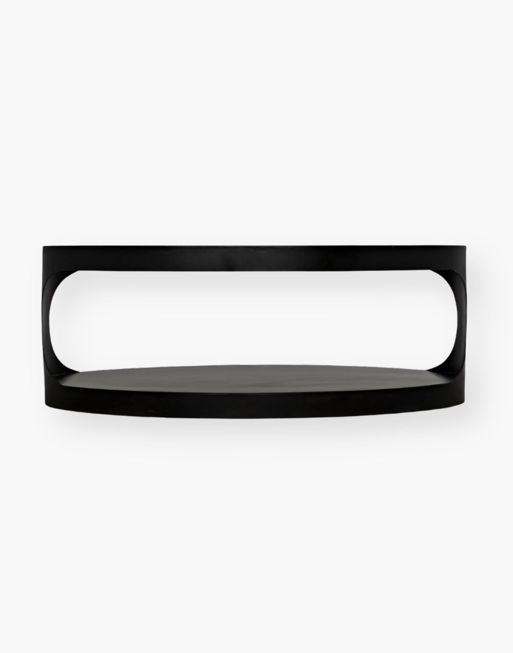 Modern matte black oval steel coffee table.