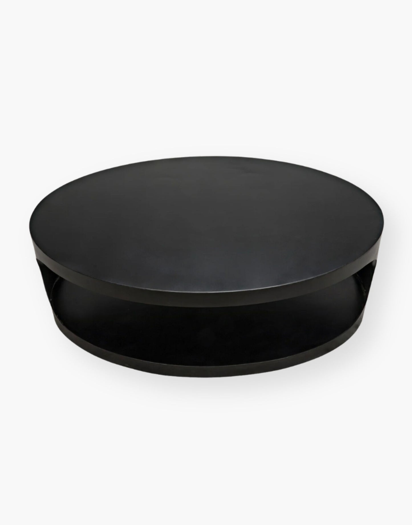 Modern matte black oval steel coffee table.