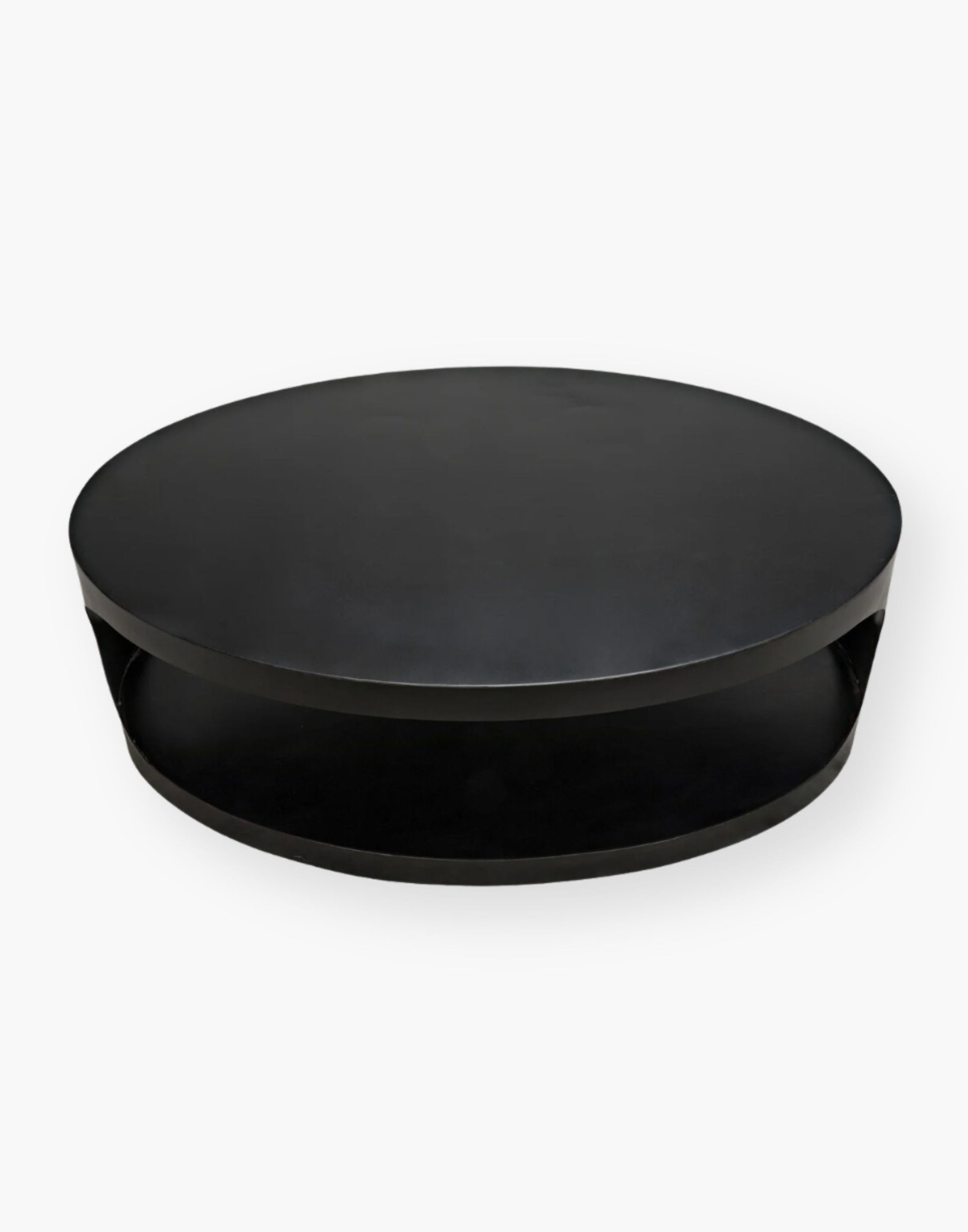 Modern matte black oval steel coffee table.