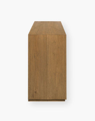 Oak and Veneer Chest with minimalist geometric form, six individual drawers molded to have finger grooves for opening, and is elevated on a recessed plinth base.