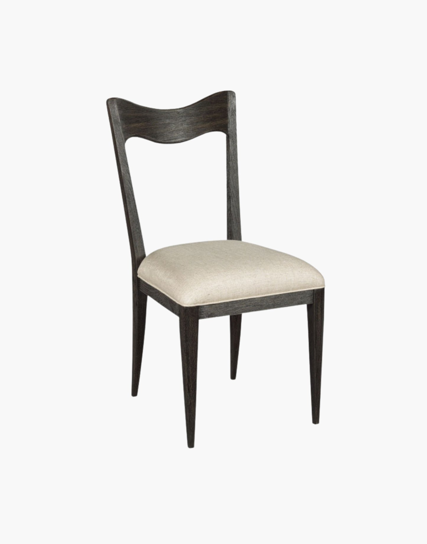 Four leg black curved crest rail flanked by tapering corner posts and upholstered cream seat