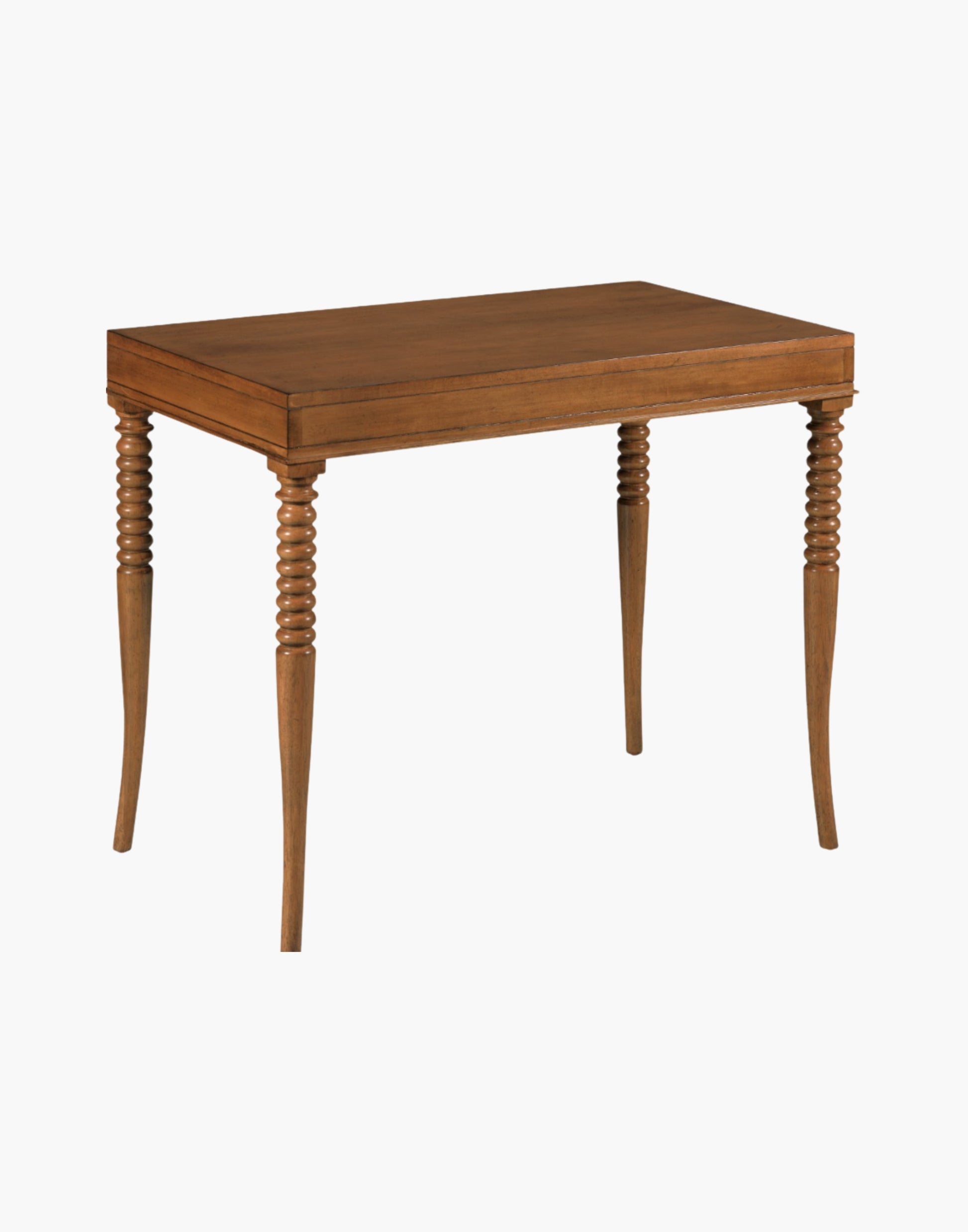 Writing Table Desk in Praline finish with rectangular top, turned flared legs, and three soft-close drawers with brass hardware.