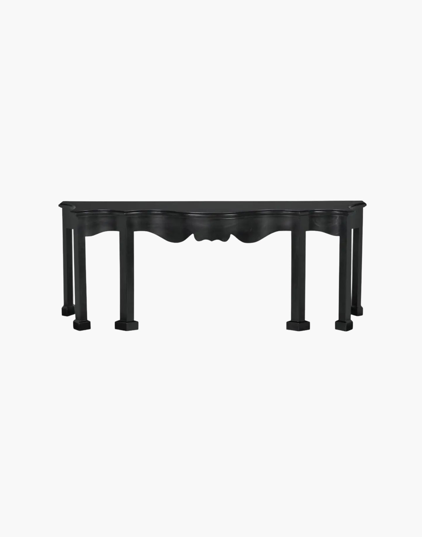 Black mahogany console table with curved apron and classic detailing, hand rubbed finish, traditional elegant design

