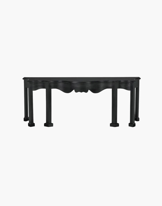 Black mahogany console table with curved apron and classic detailing, hand rubbed finish, traditional elegant design
