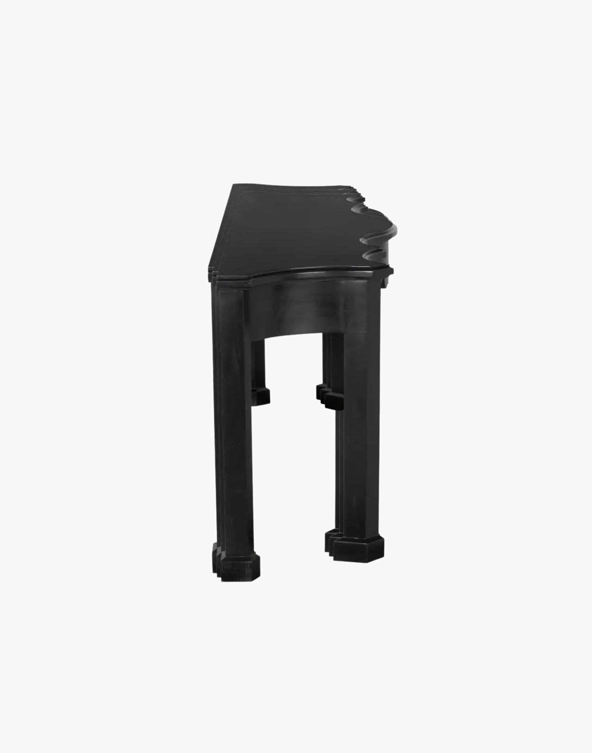 Black mahogany console table with curved apron and classic detailing, hand rubbed finish, traditional elegant design