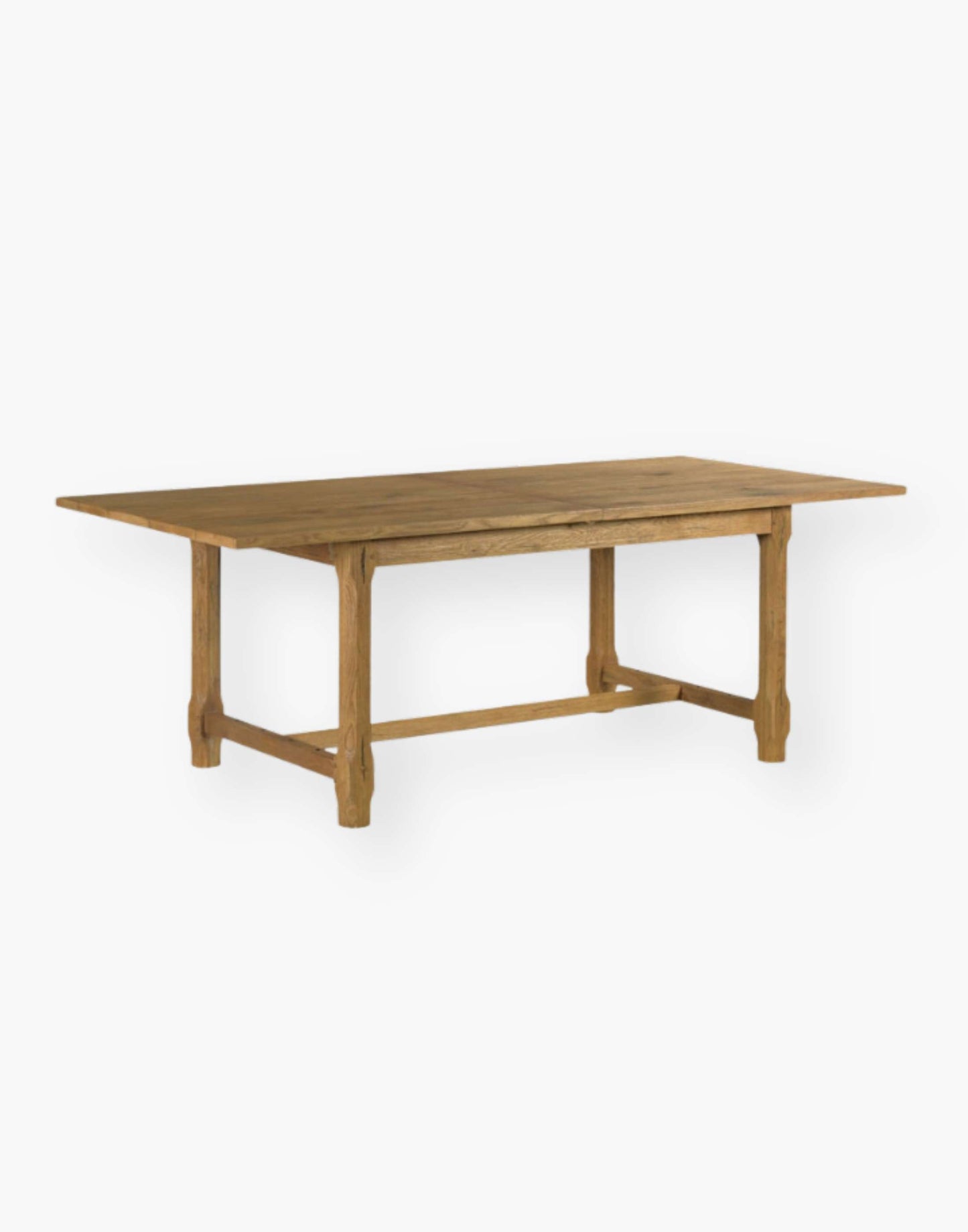 Wood table raised on square posts and joined by low stretchers for a solid base.