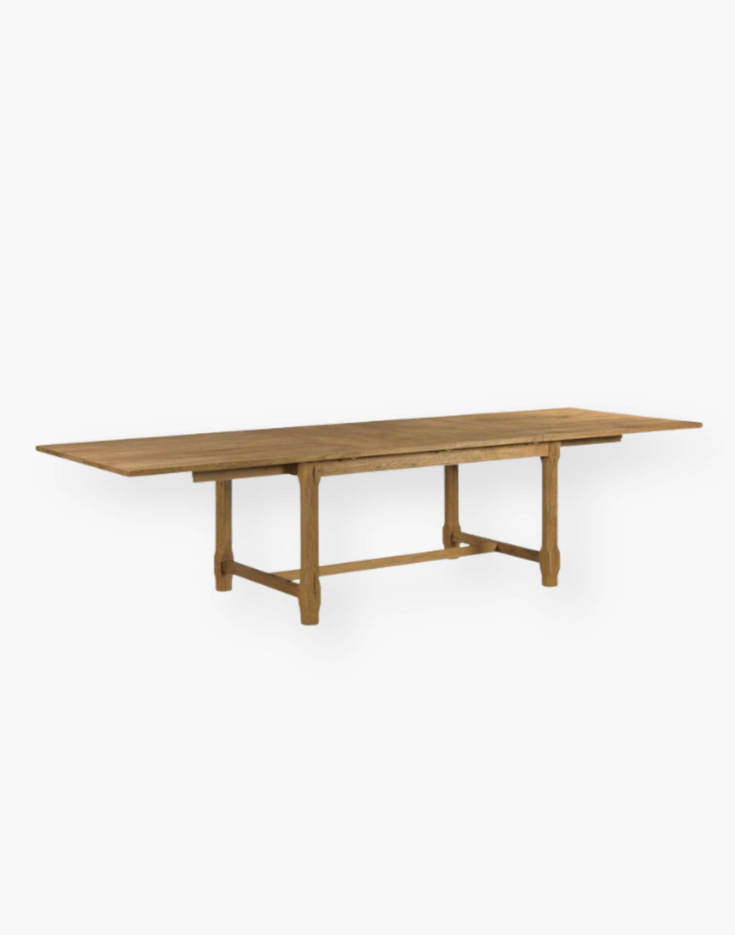 Wood table raised on square posts and joined by low stretchers for a solid base.