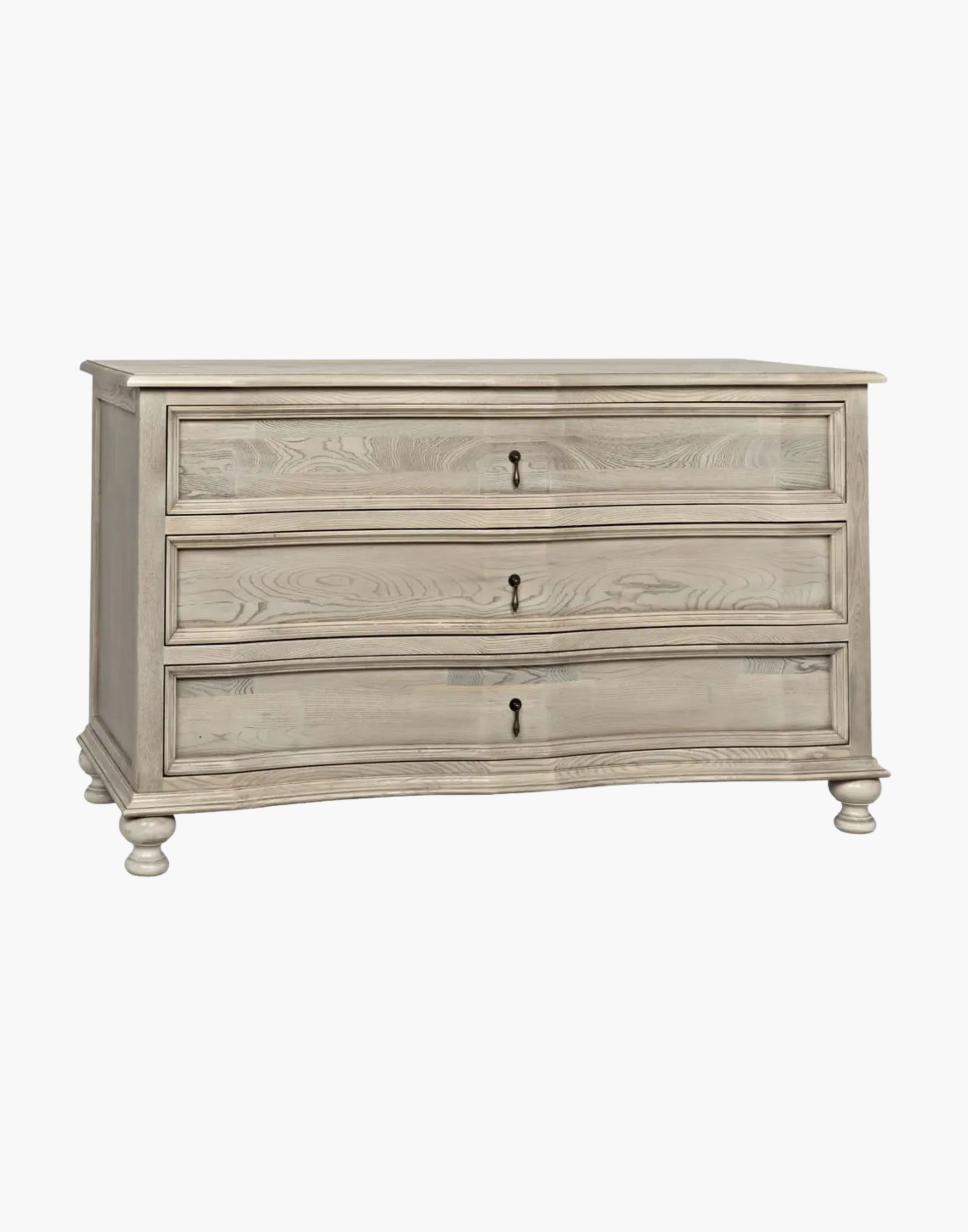 Curved elm chest with vintage grey finish, turned ball feet, and brass hardware, elegant classic modern design