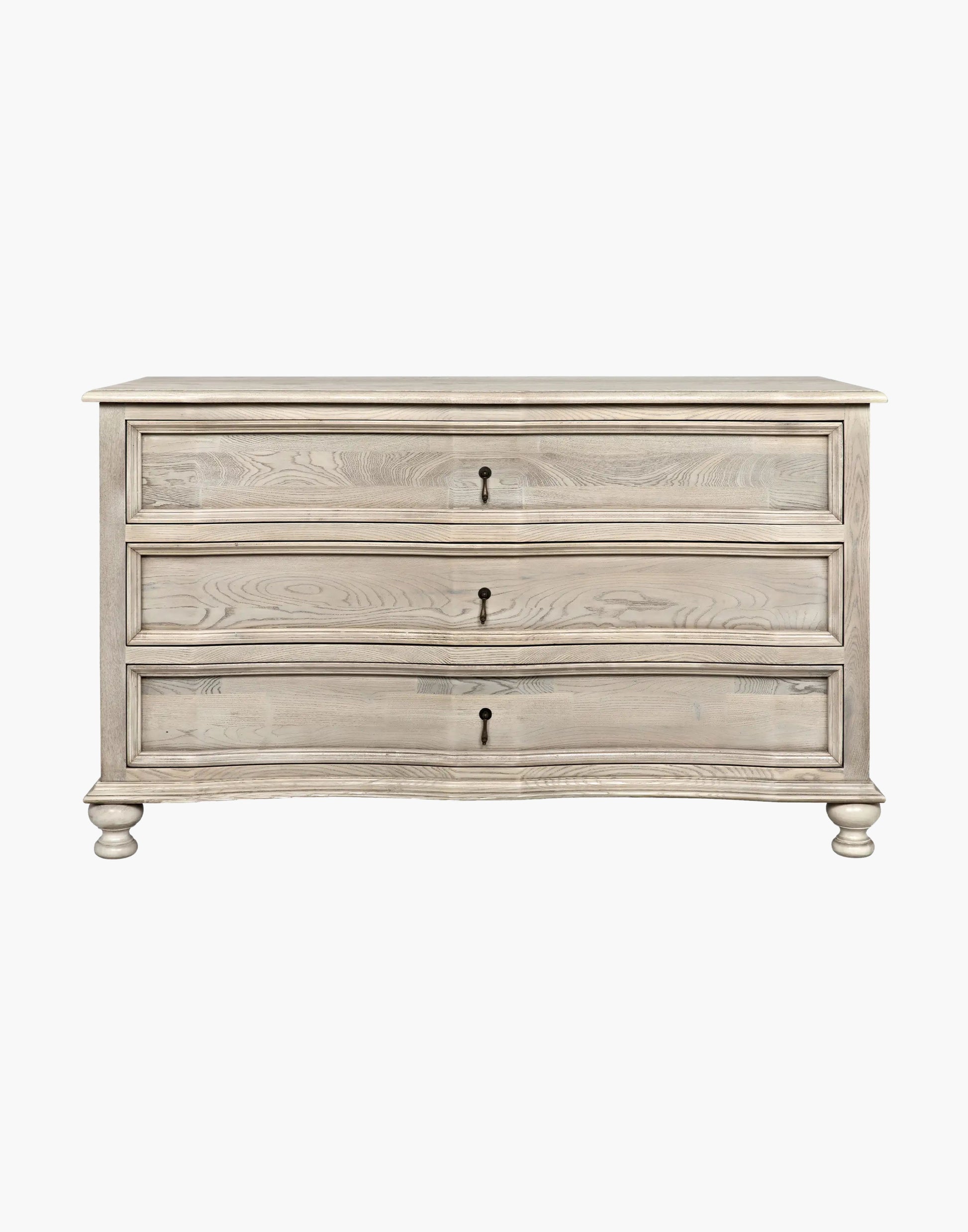 Curved elm chest with vintage grey finish, turned ball feet, and brass hardware, elegant classic modern design