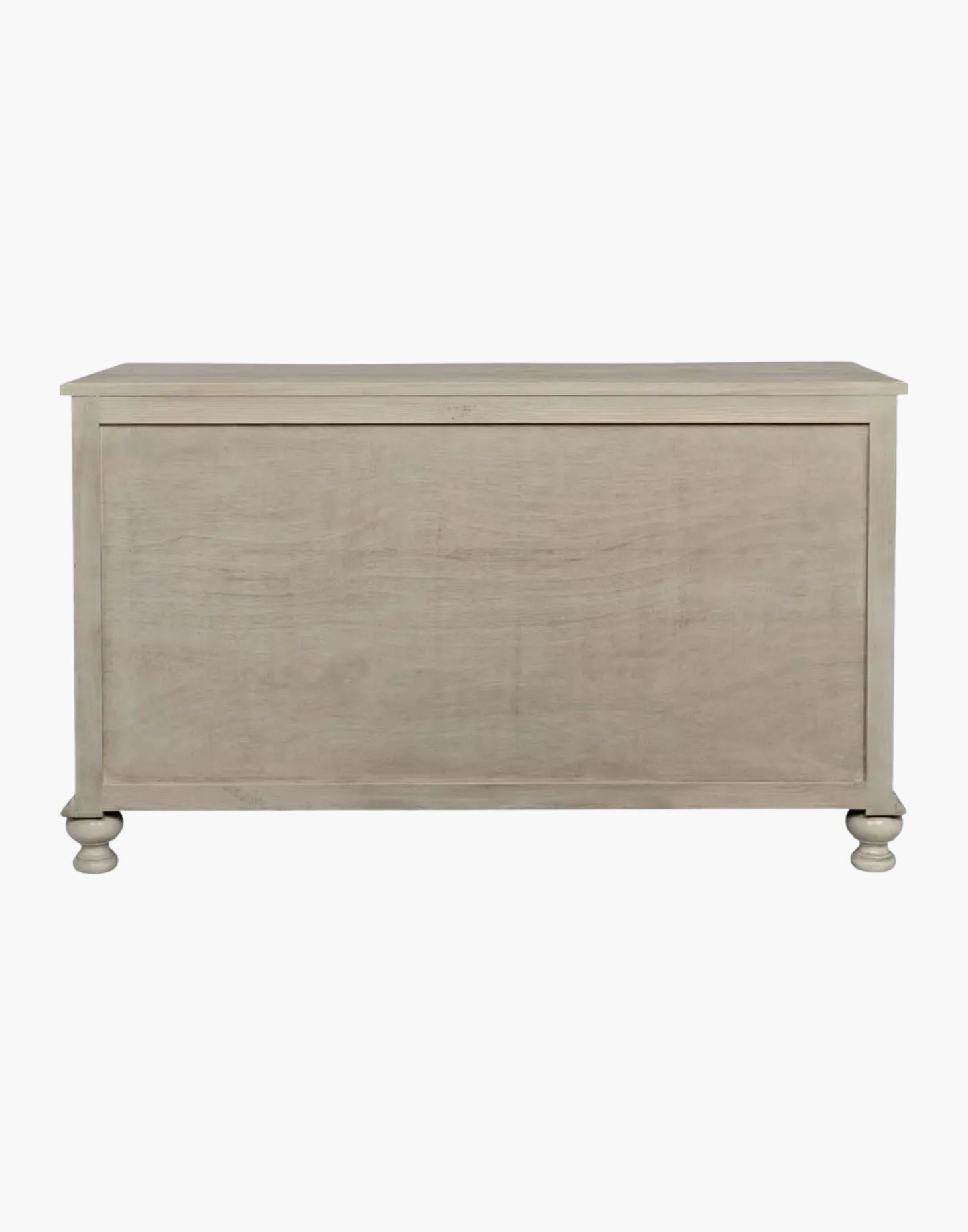 Curved elm chest with vintage grey finish, turned ball feet, and brass hardware, elegant classic modern design