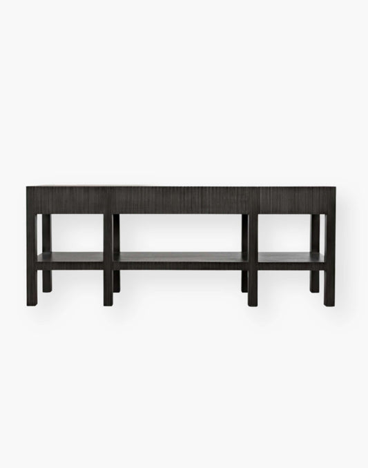 Mahogany console with natural grain clean lines and a pale finish.