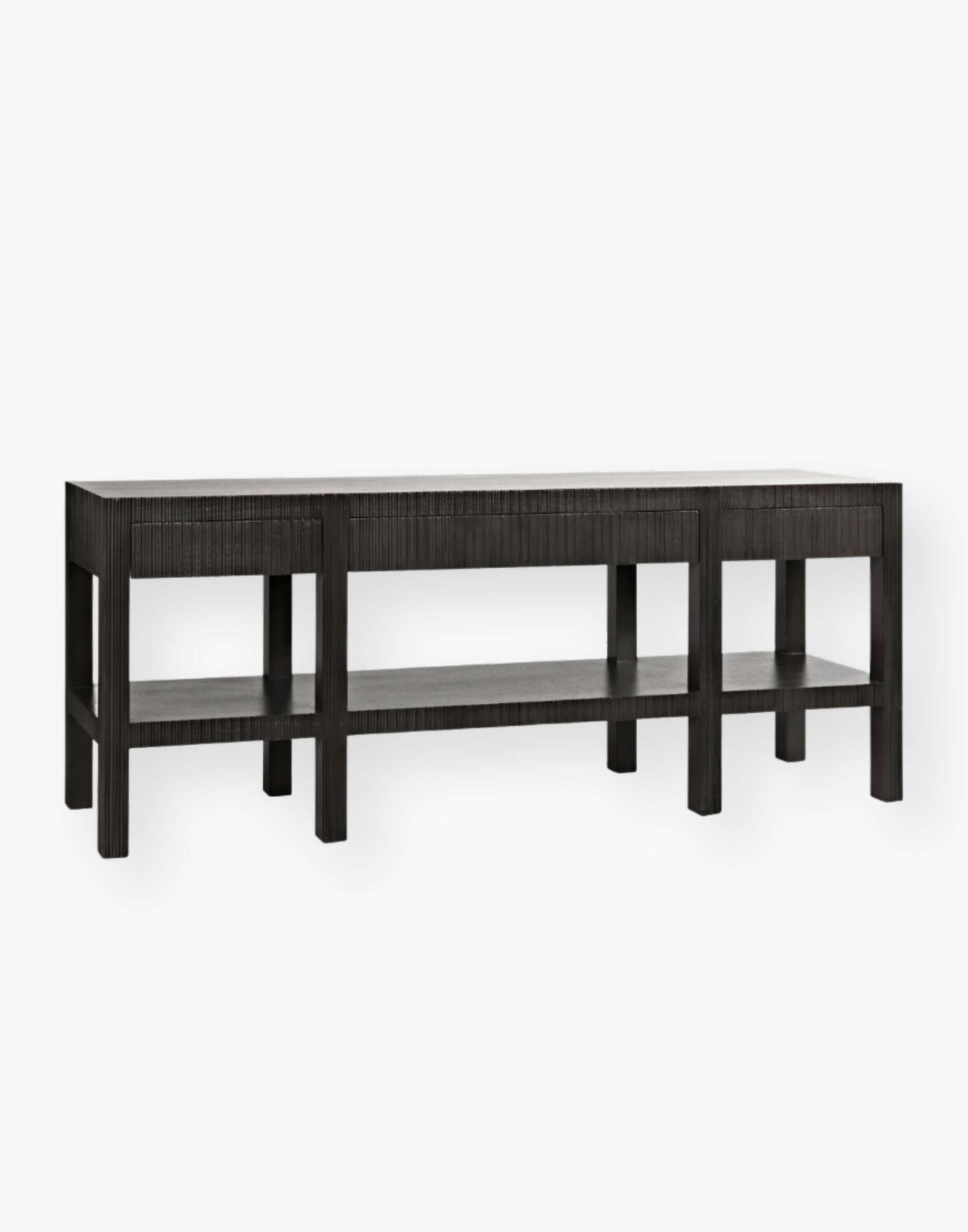 Mahogany console with natural grain clean lines and a pale finish.