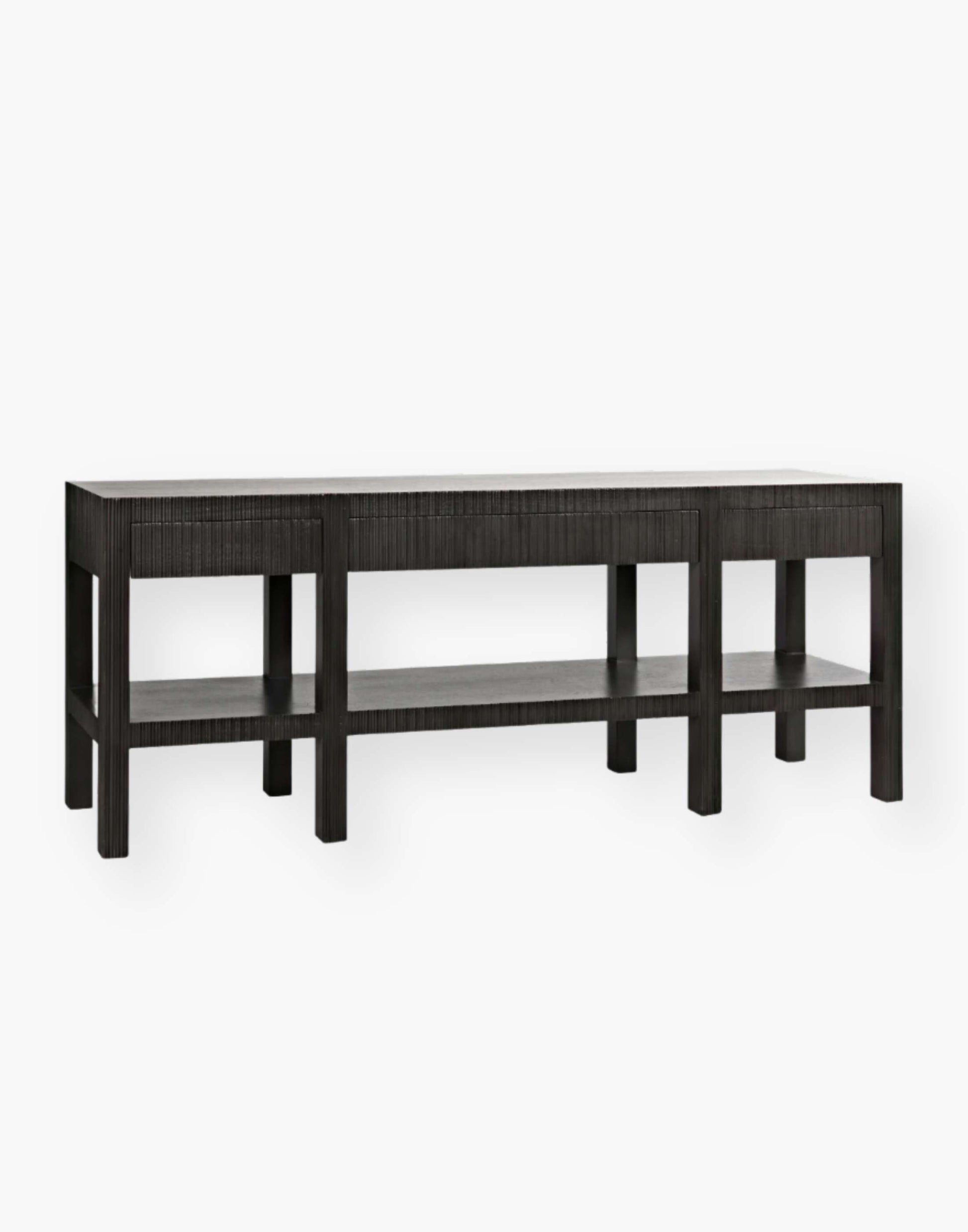 Mahogany console with natural grain clean lines and a pale finish.