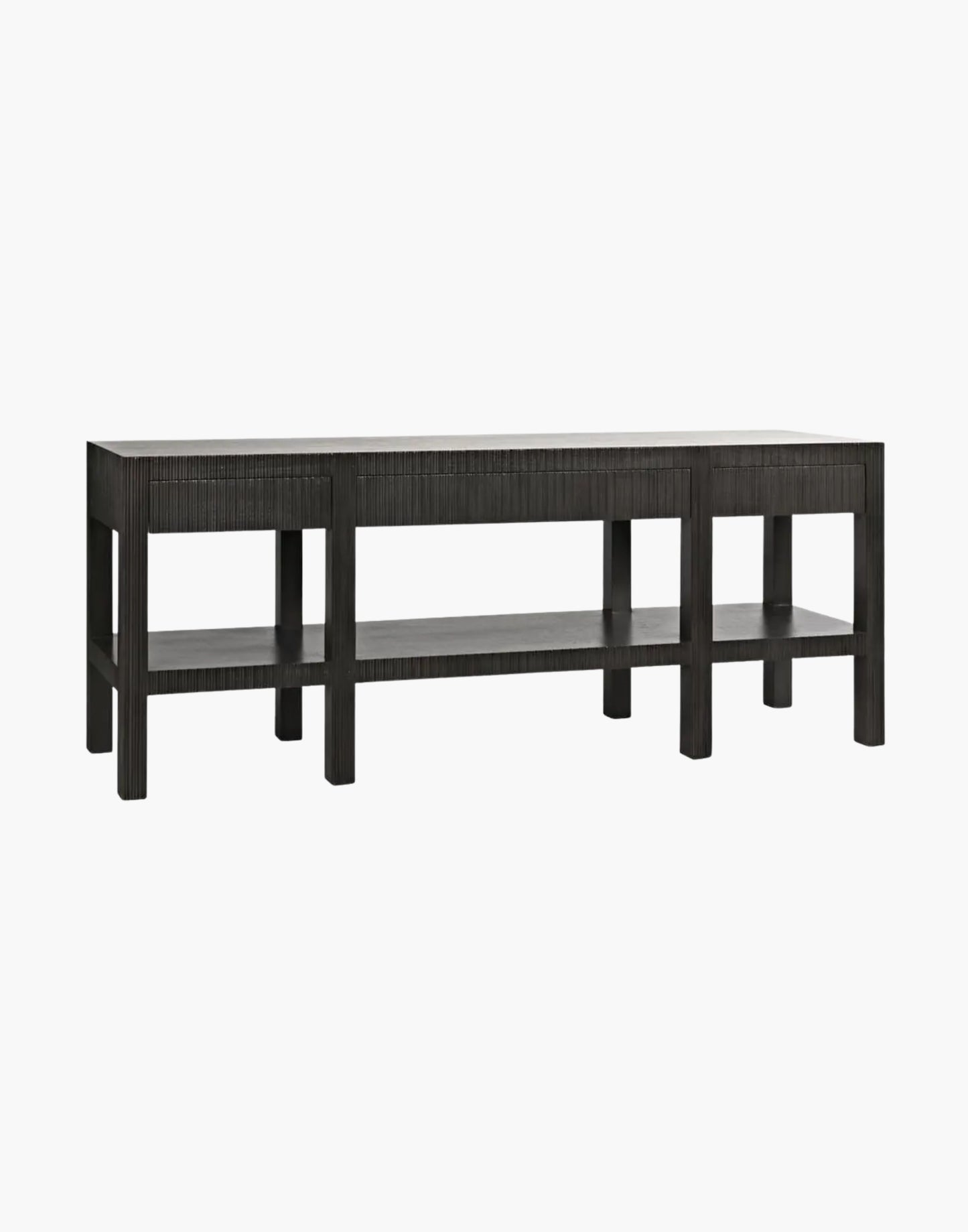Pale mahogany console table with four drawers, vertical channel detailing, and open shelf, modern rectangular design