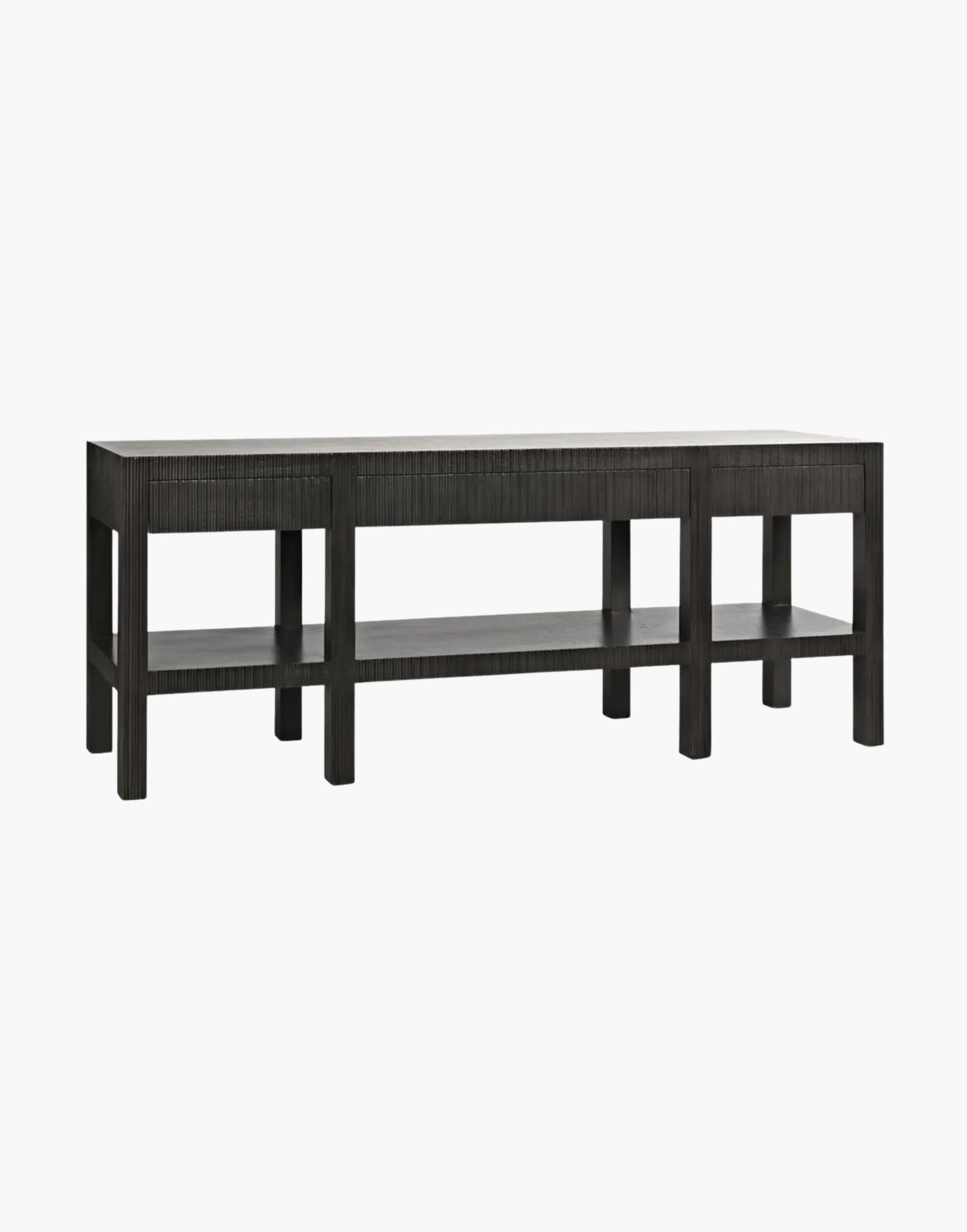 Pale mahogany console table with four drawers, vertical channel detailing, and open shelf, modern rectangular design