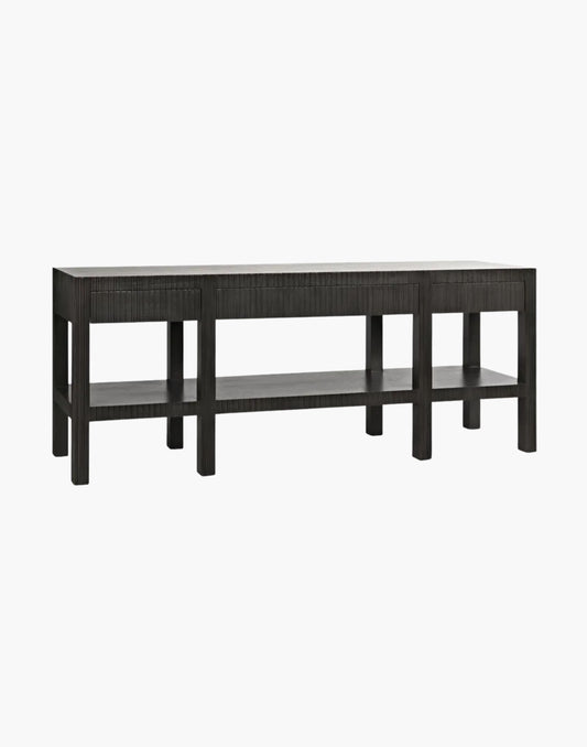 Pale mahogany console table with four drawers, vertical channel detailing, and open shelf, modern rectangular design