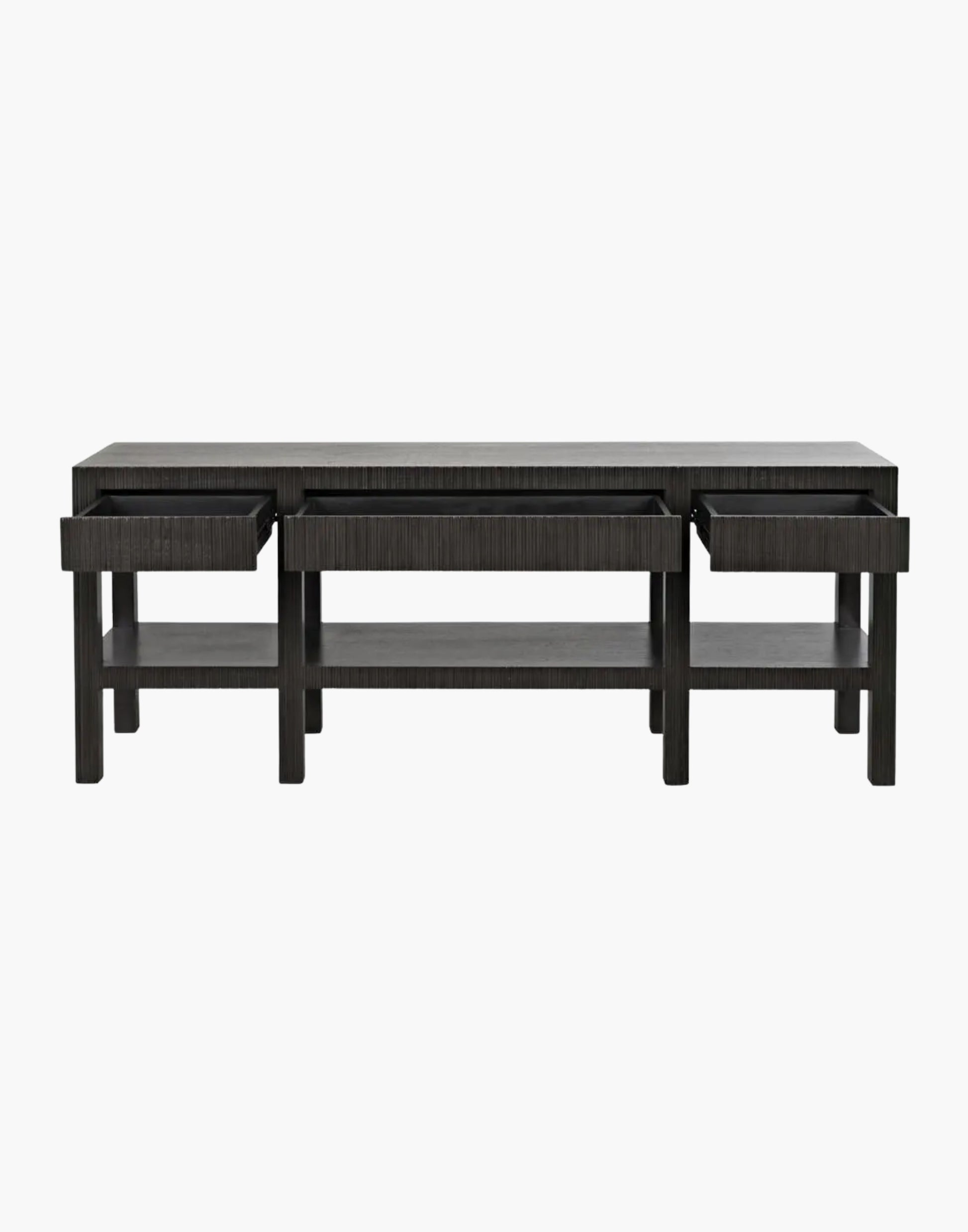 Pale mahogany console table with four drawers, vertical channel detailing, and open shelf, modern rectangular design