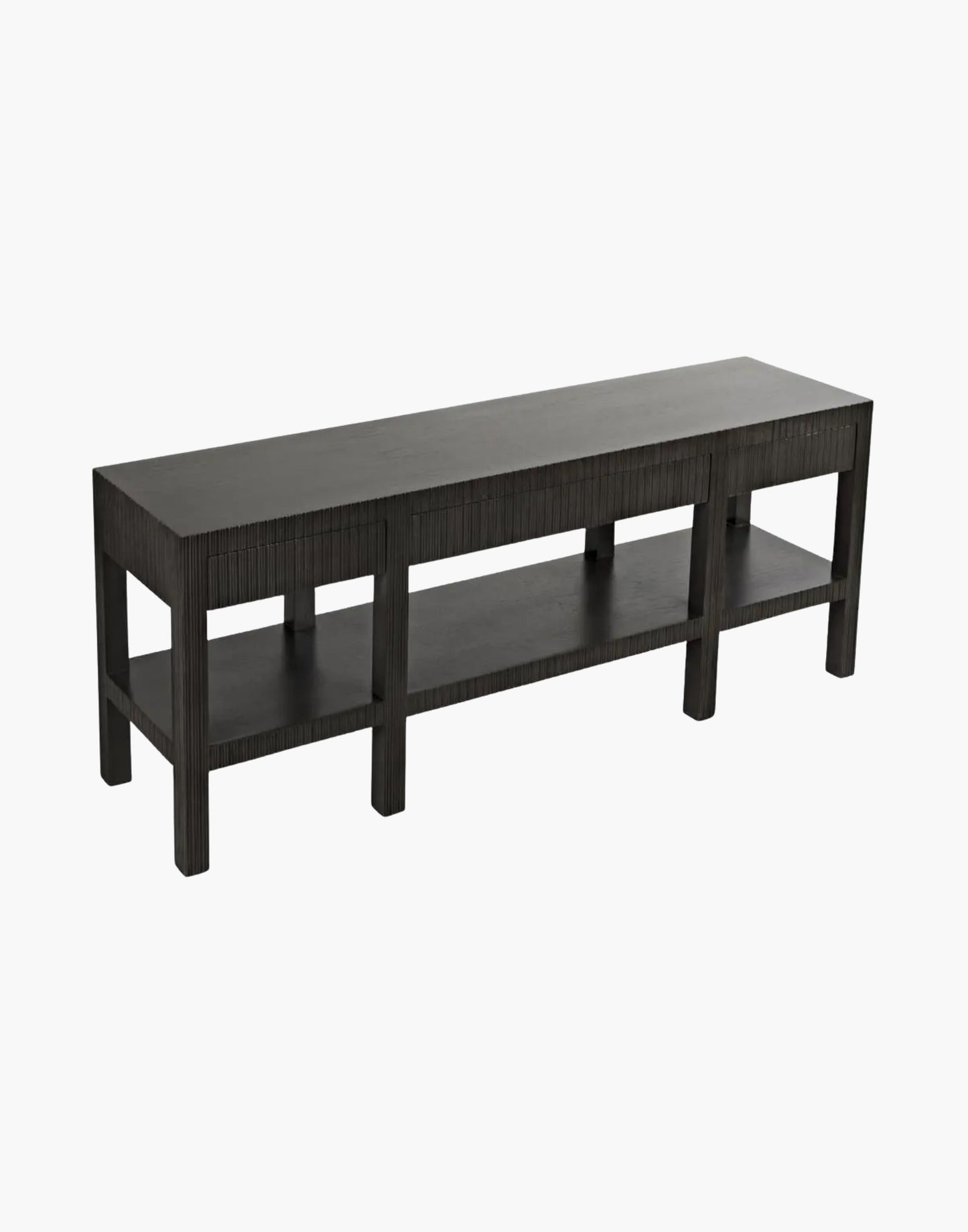 Pale mahogany console table with four drawers, vertical channel detailing, and open shelf, modern rectangular design