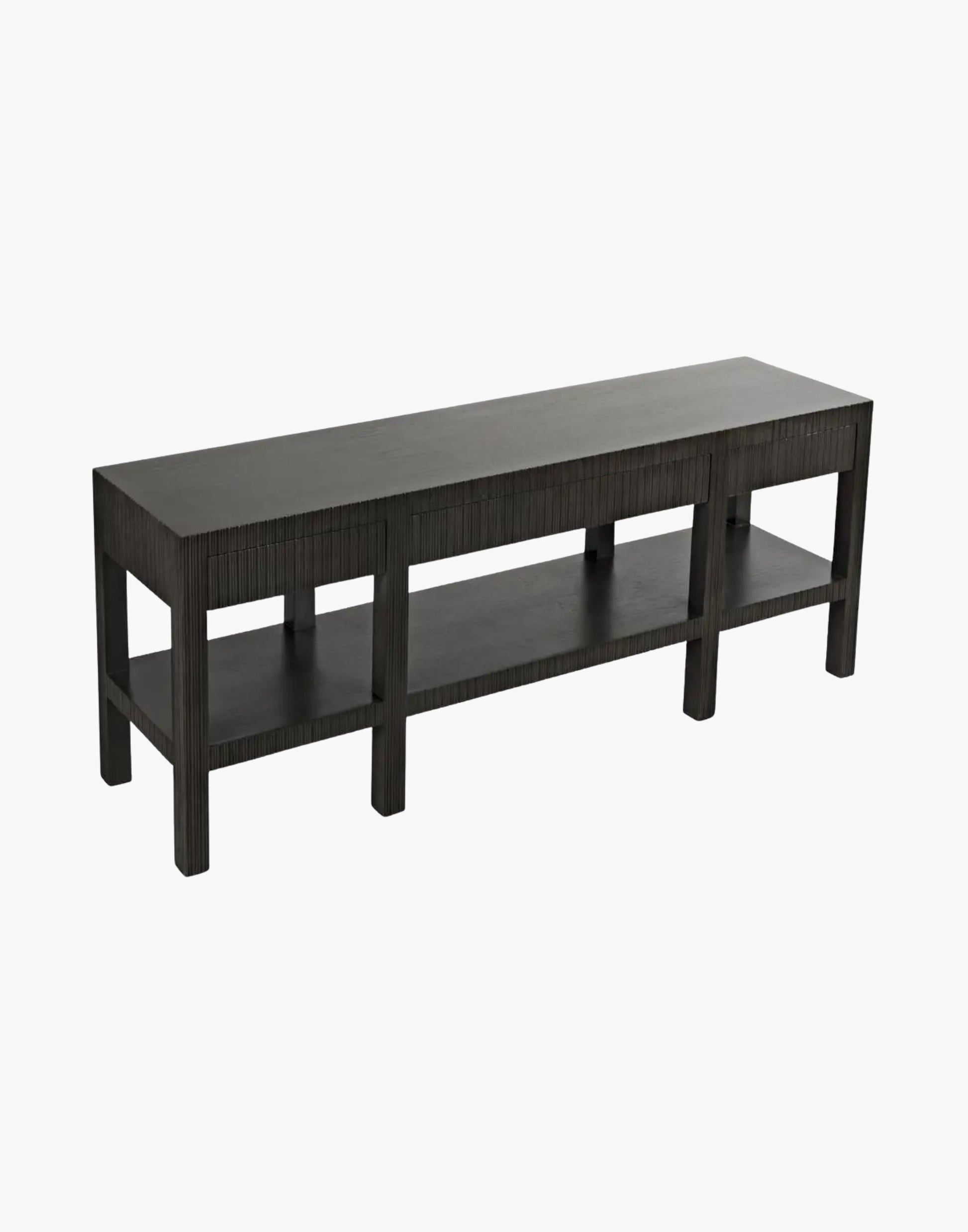 Pale mahogany console table with four drawers, vertical channel detailing, and open shelf, modern rectangular design
