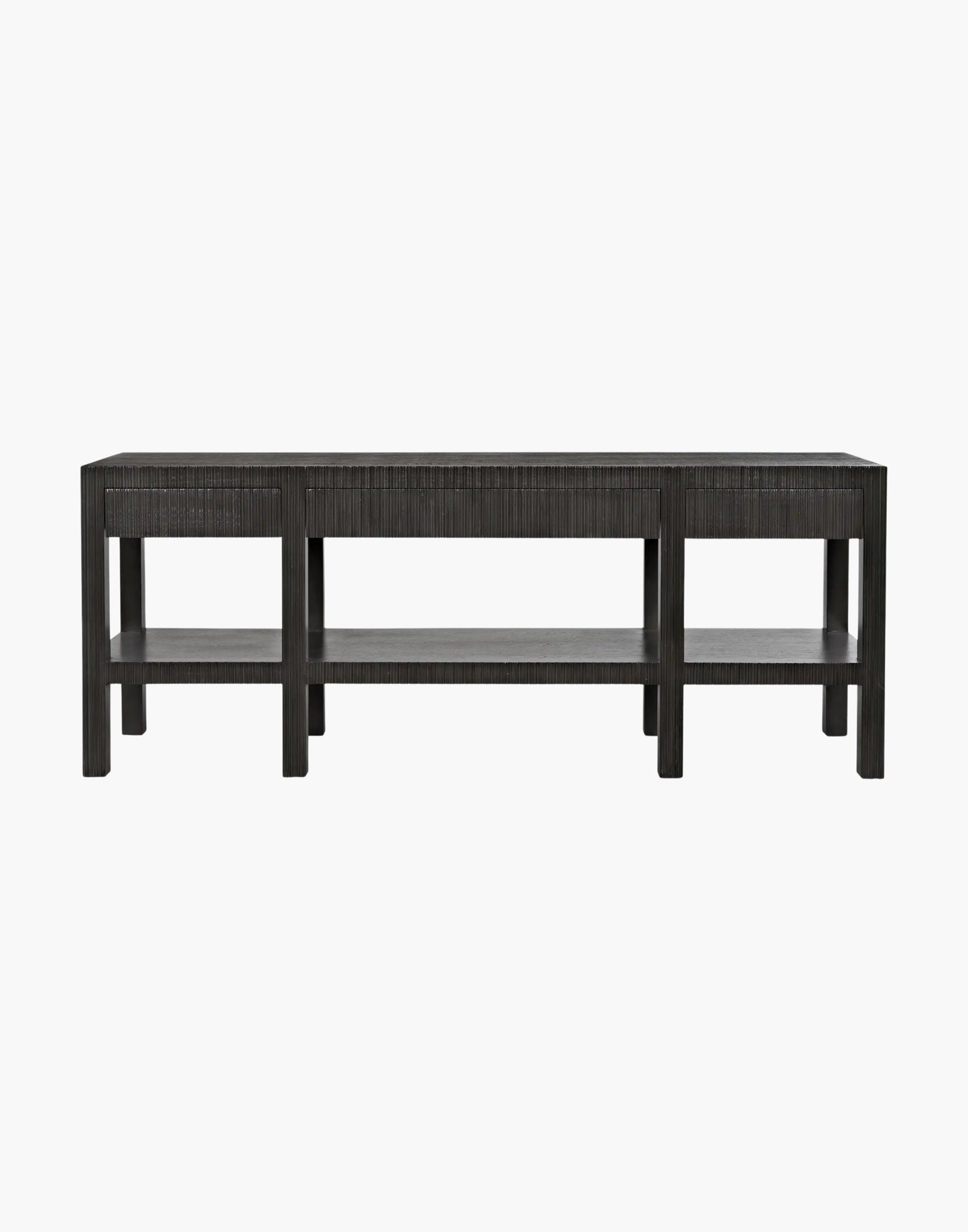 Pale mahogany console table with four drawers, vertical channel detailing, and open shelf, modern rectangular design