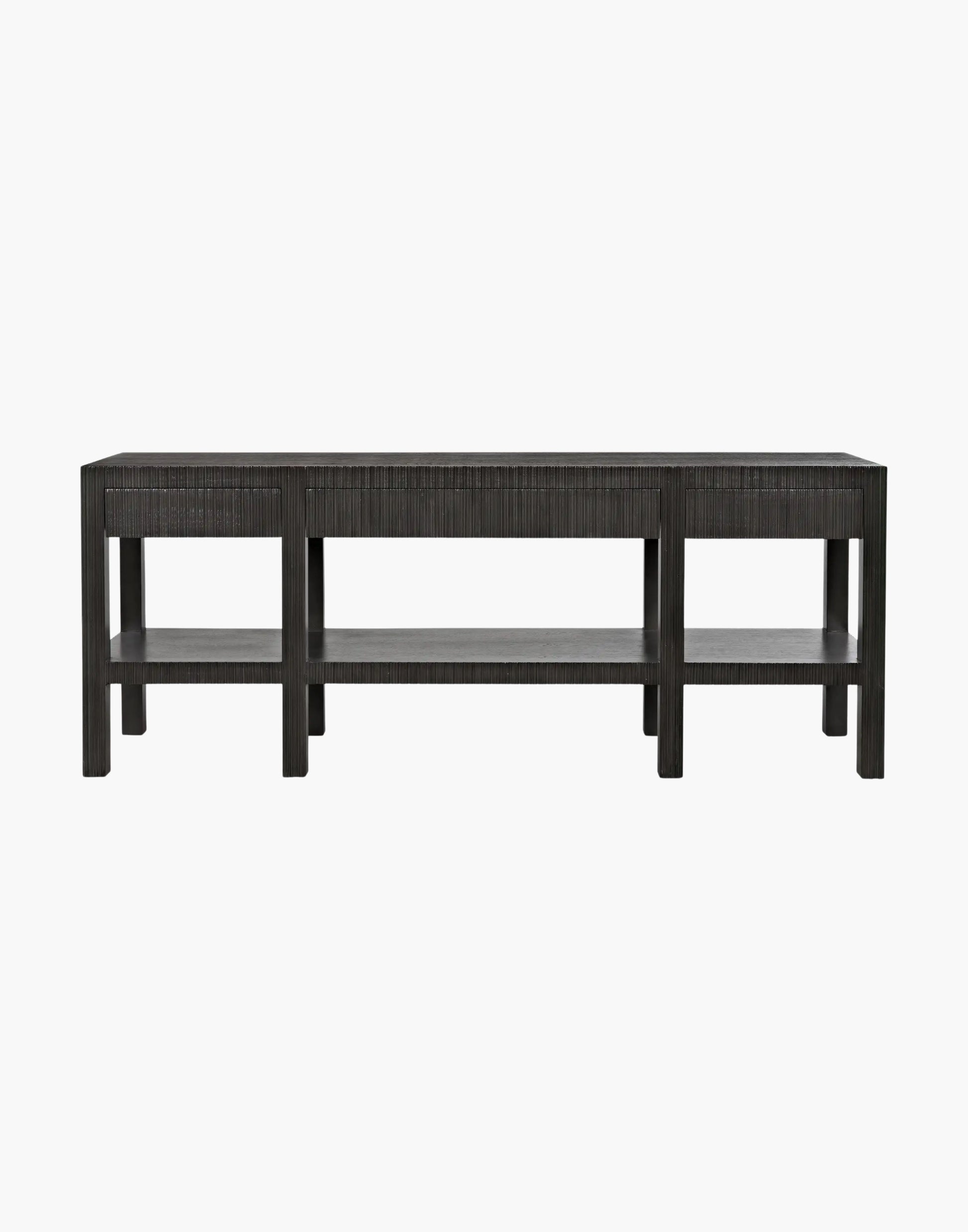 Pale mahogany console table with four drawers, vertical channel detailing, and open shelf, modern rectangular design