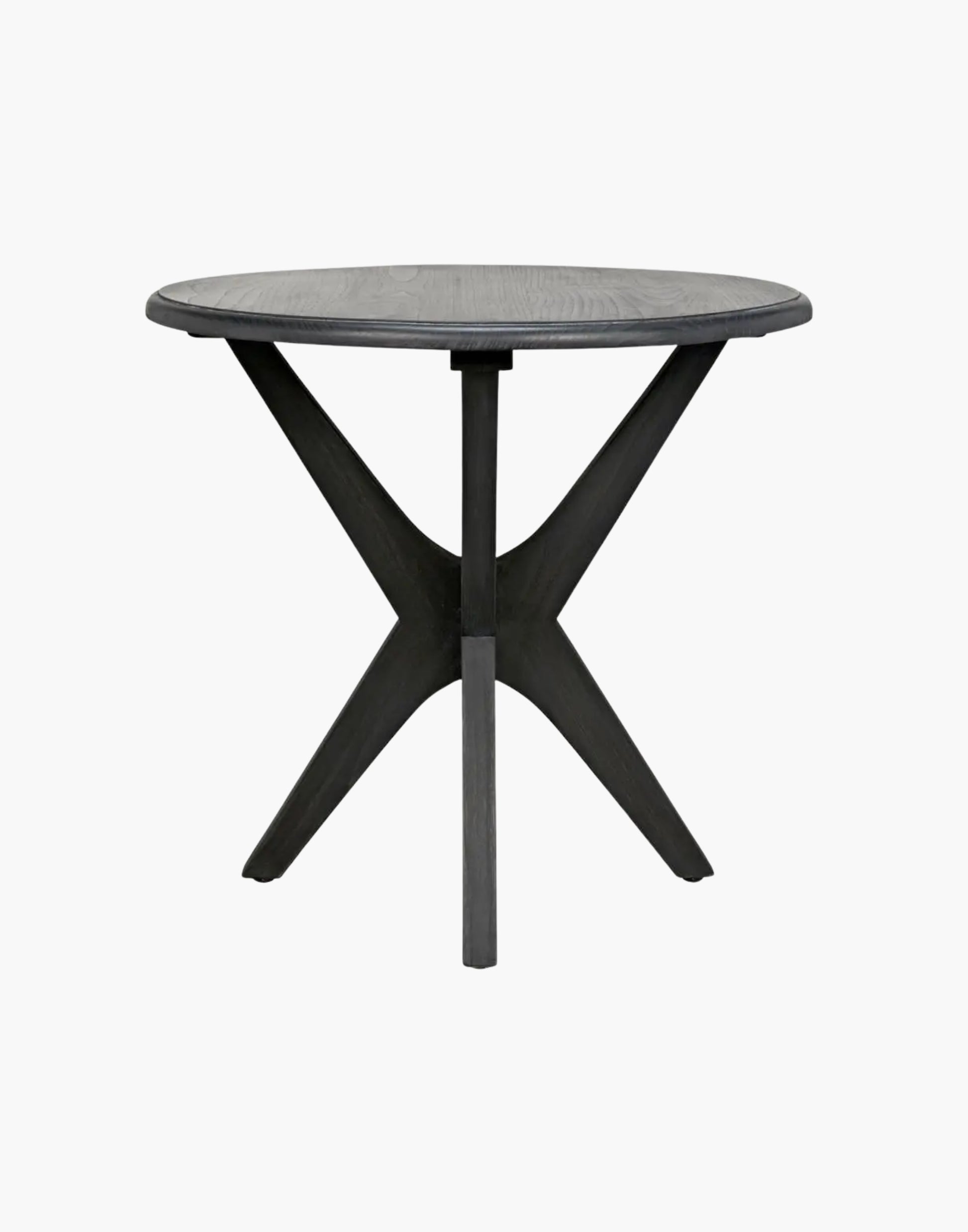 Round Mindi wood side table with charcoal black finish, minimalist modern design for living room or bedroom