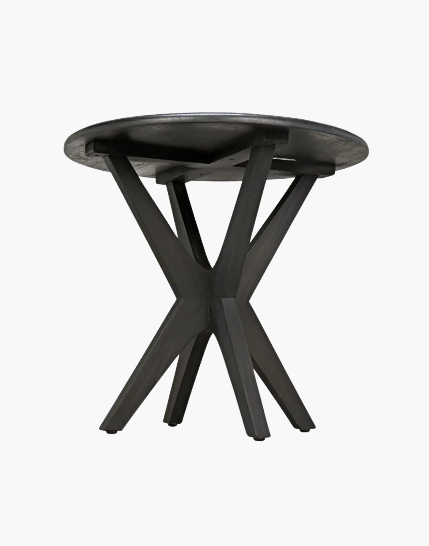 Round Mindi wood side table with charcoal black finish, minimalist modern design for living room or bedroom