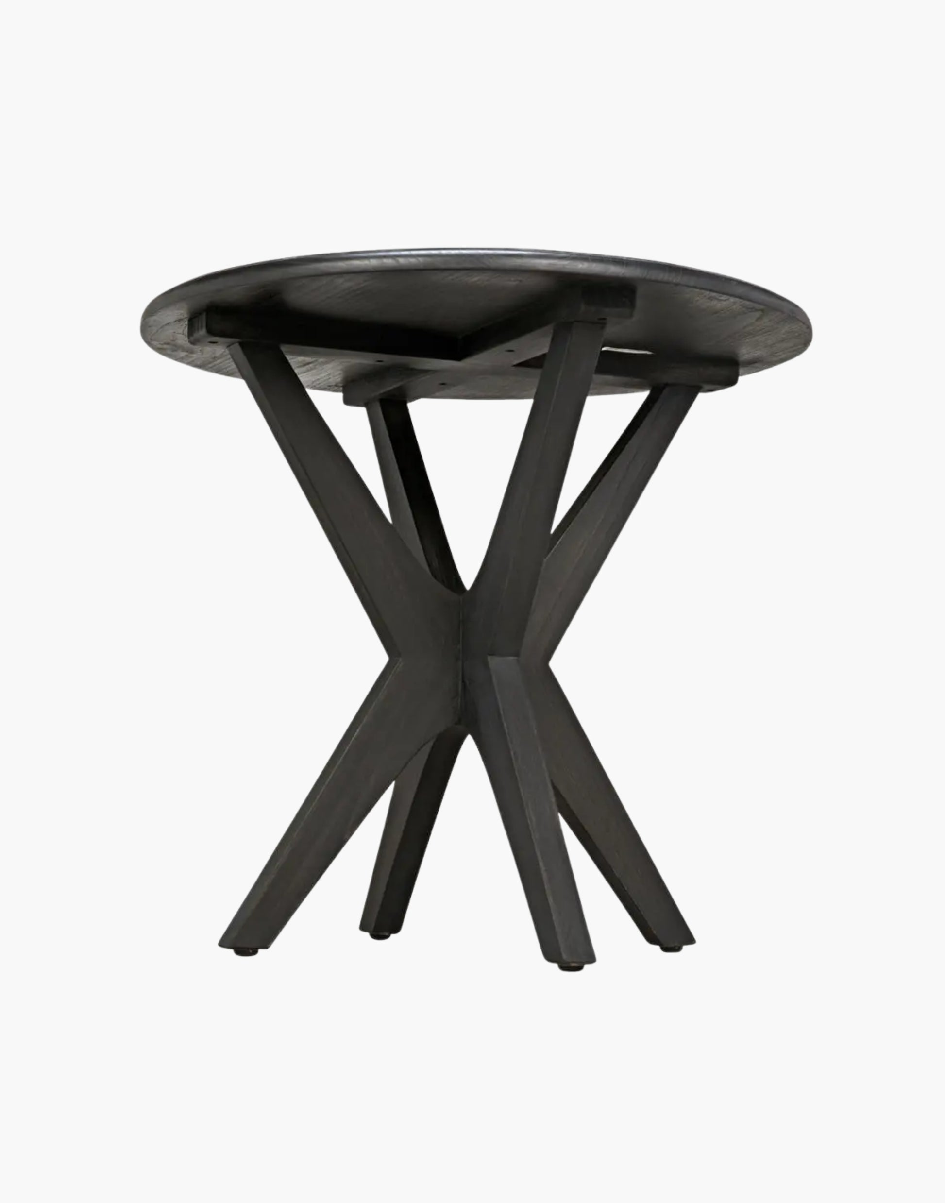 Round Mindi wood side table with charcoal black finish, minimalist modern design for living room or bedroom