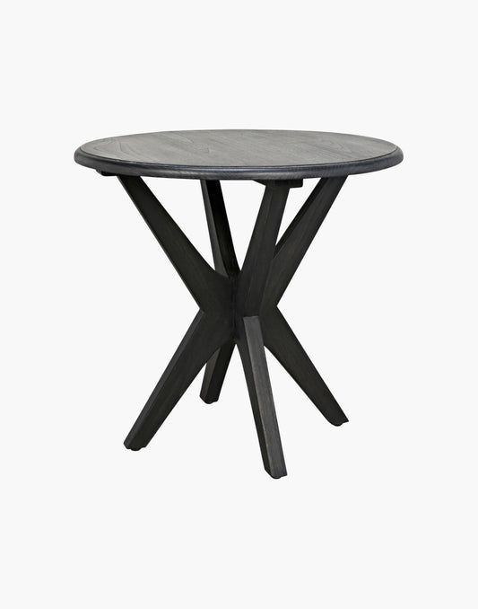 Round Mindi wood side table with charcoal black finish, minimalist modern design for living room or bedroom