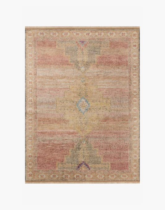 Hand-knotted sunrise and multi-tone area rug with warm earthy colors