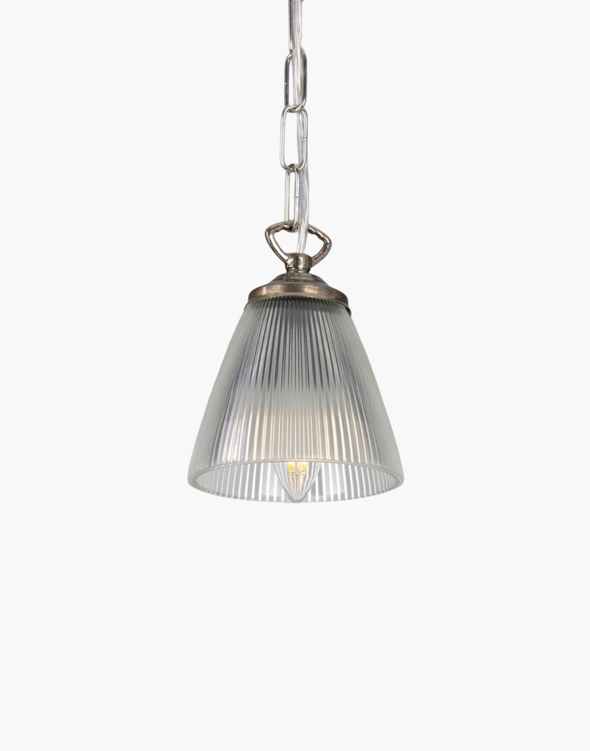 Small Prismatic Glass Pendant Light clear prismatic glass, brass details, compact industrial lighting for kitchen island or dining area.